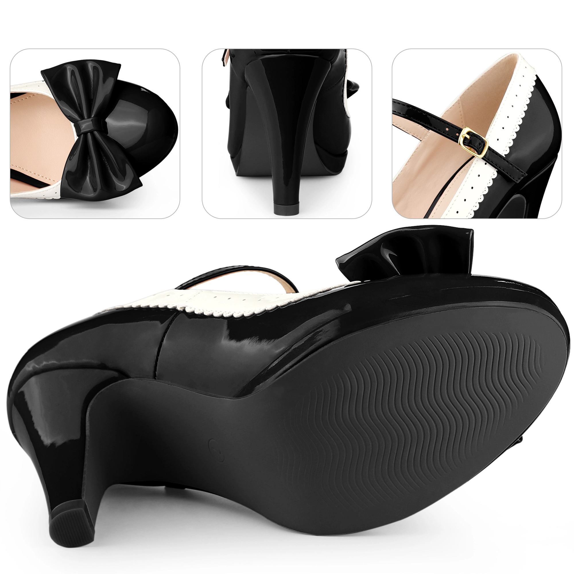 BLISSFUL STEP Women's Bow Platform Ankle Strap Stiletto Heels Pumps