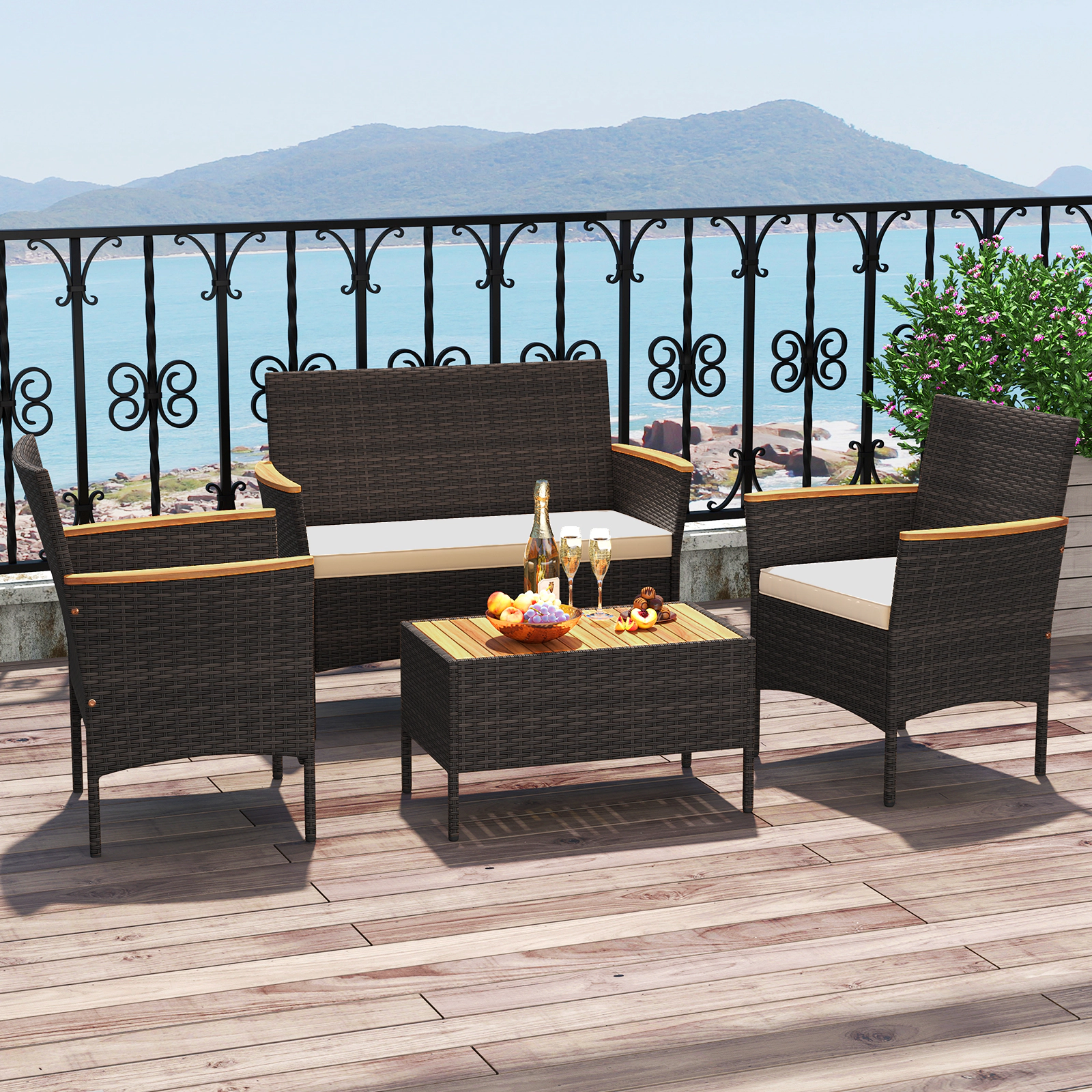 LJG 4 Piece Patio Wicker Sofa Set 2 Rattan Chairs and Loveseat with Table