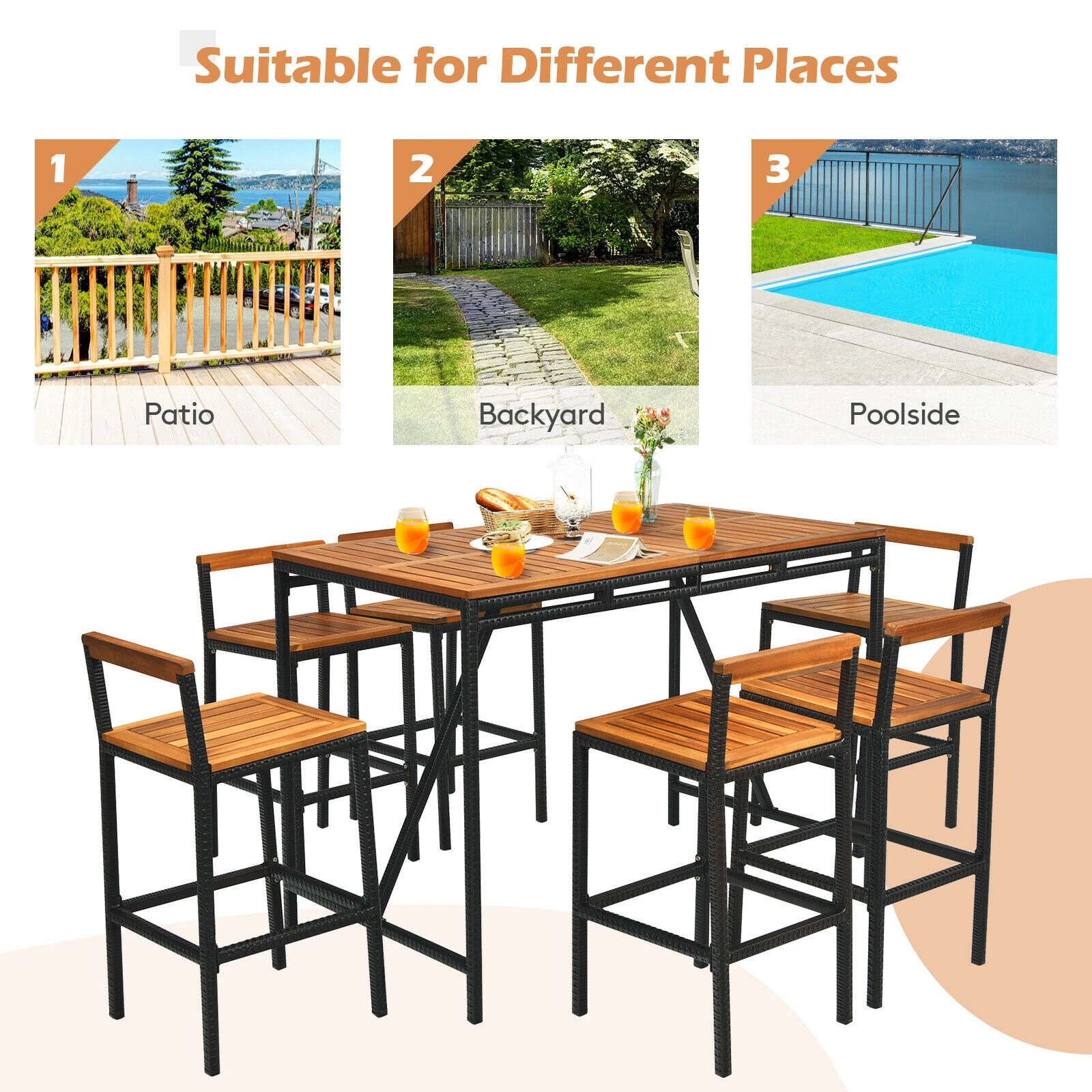 SUGIFT Natural Umbrella Hole 7-Piece Acacia Wood and Rattan Patio Bar Set
