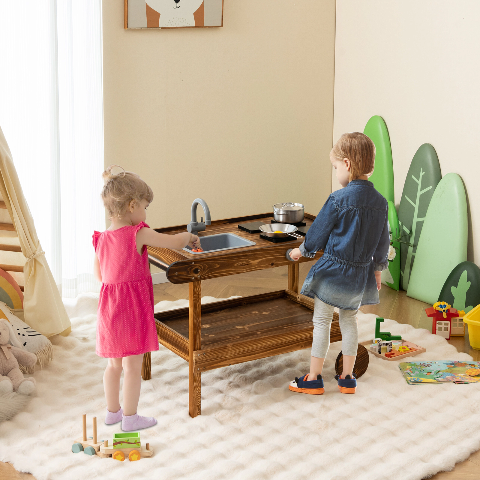 SUGIFT Movable Kids Wooden Mud Kitchen with Faucet Sink 4 Stoves 2 Rolling Wheels and Push Handle