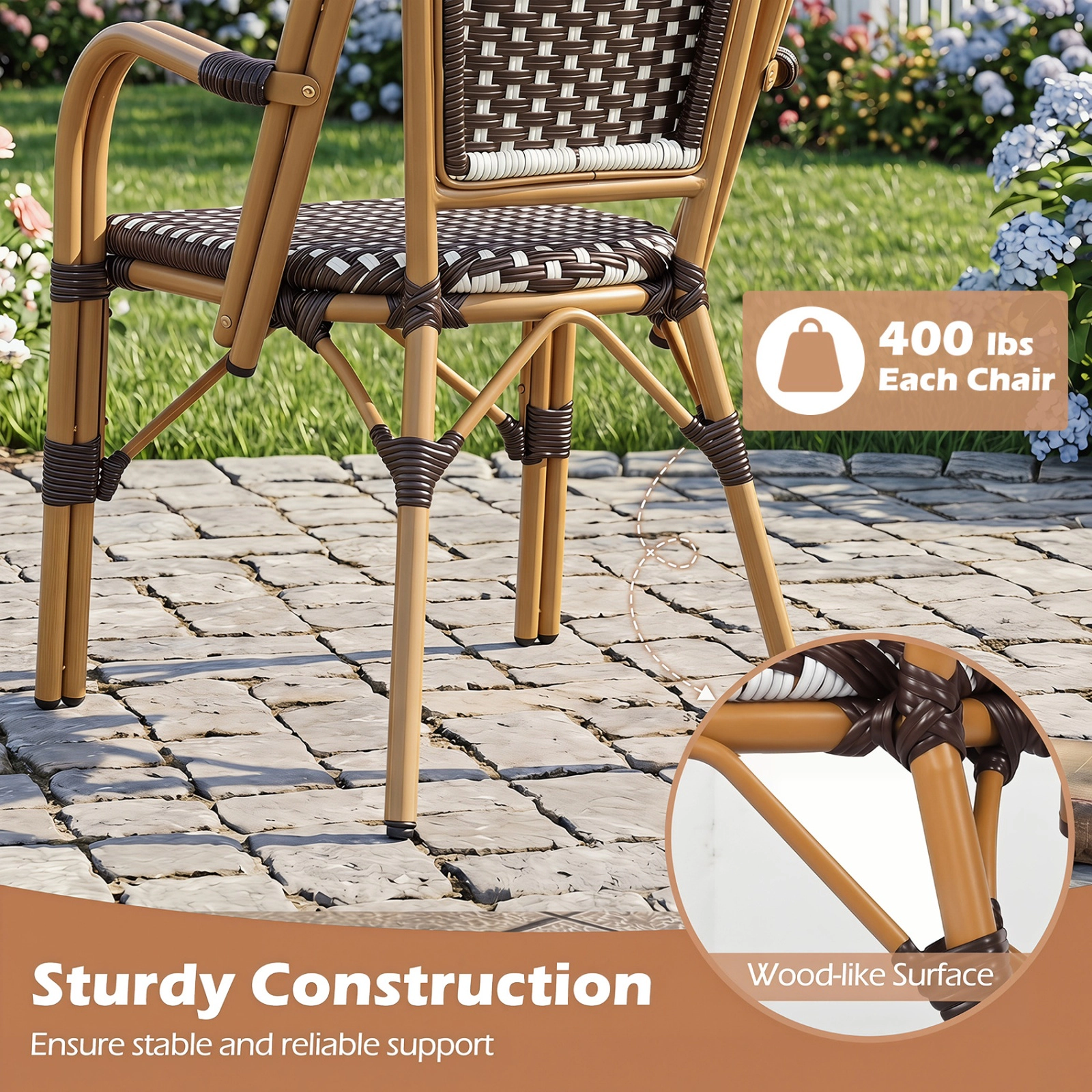 SUGIFT Set of 2 Brown Hand-Woven PE Rattan French Bistro Armchairs