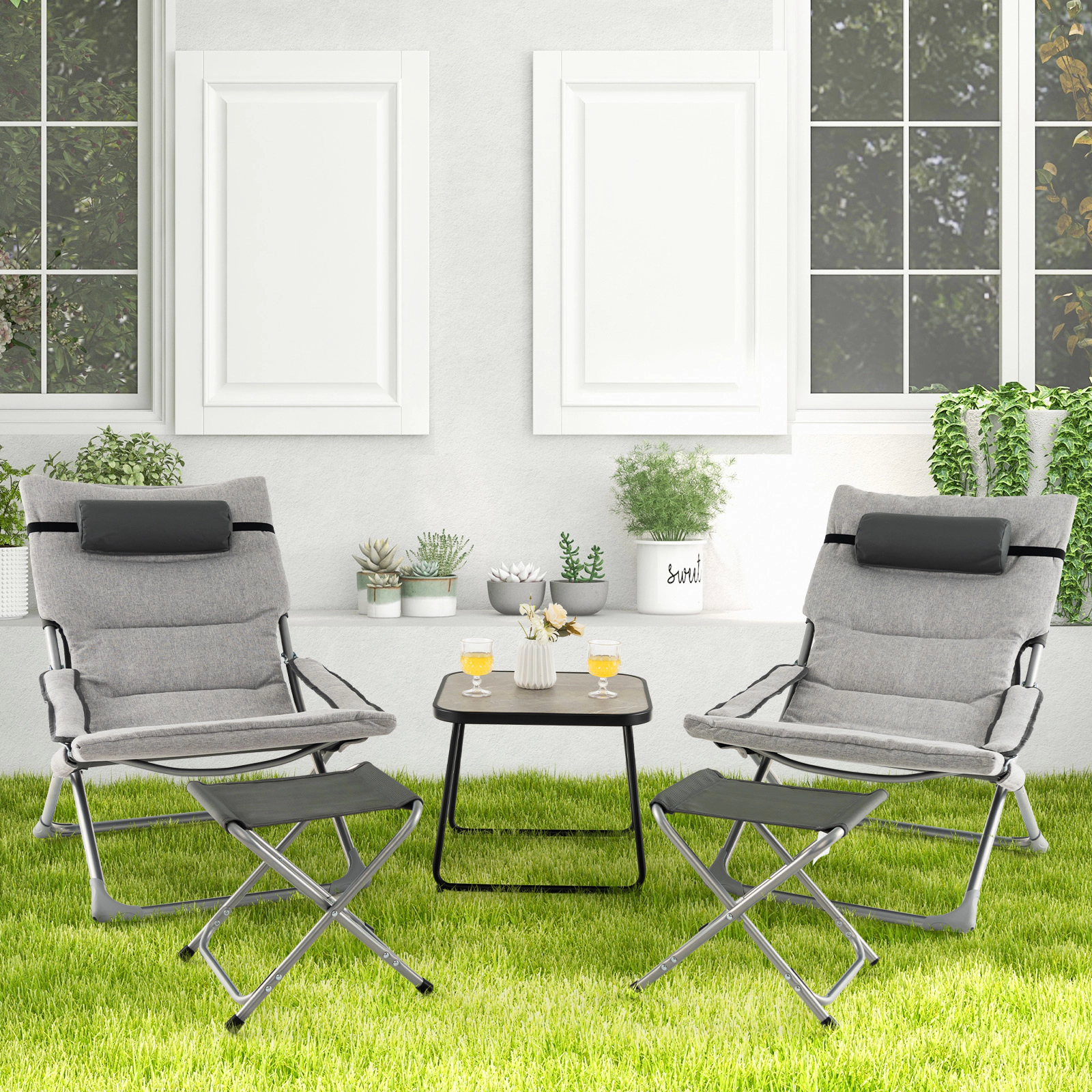 LJG 5-Piece Patio Sling Chair Set Folding Lounge Chairs with Footrests and Coffee Table