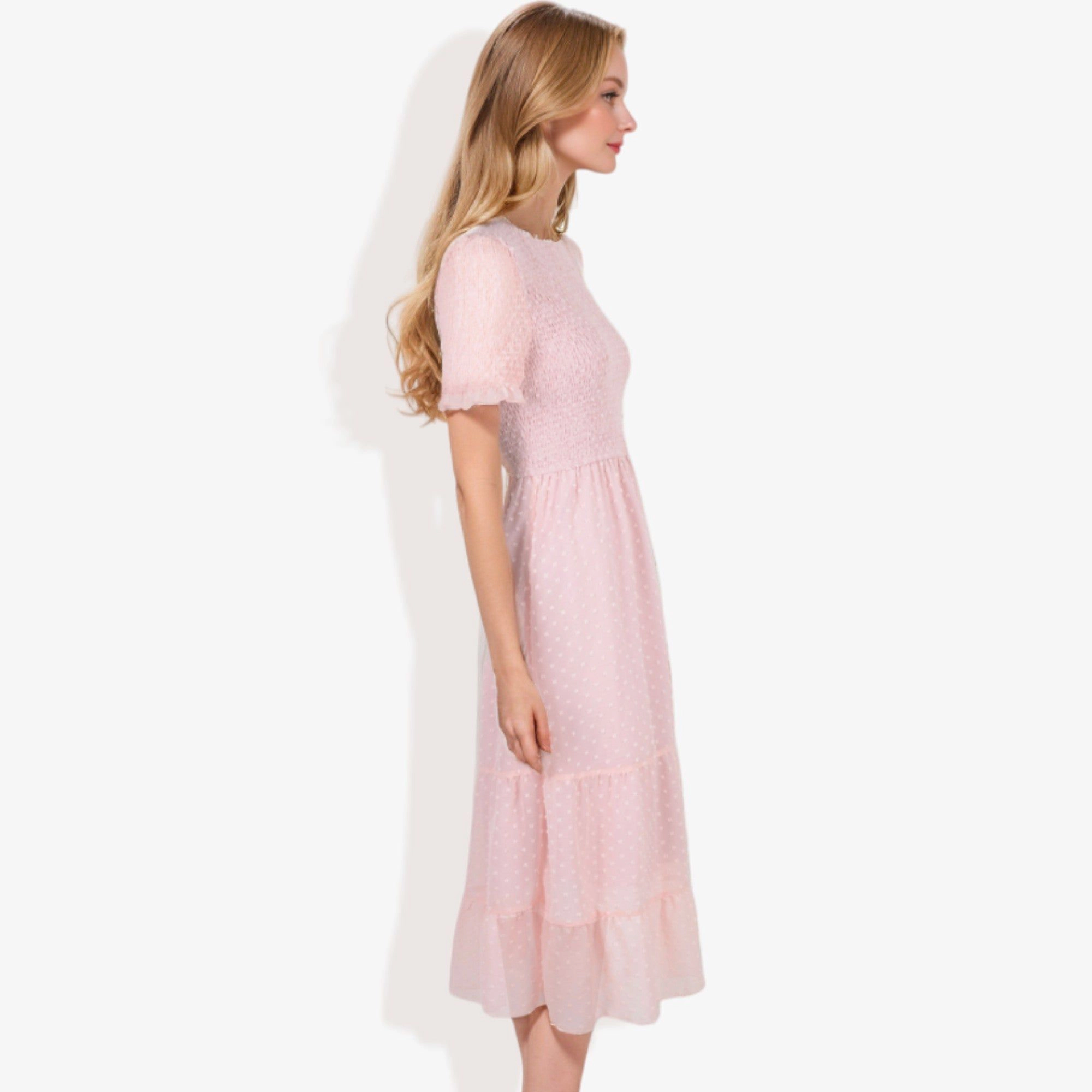 Anna-Kaci Women's Short Sleeve Smocked Dress with Swiss Dot and Ruffle Hem
