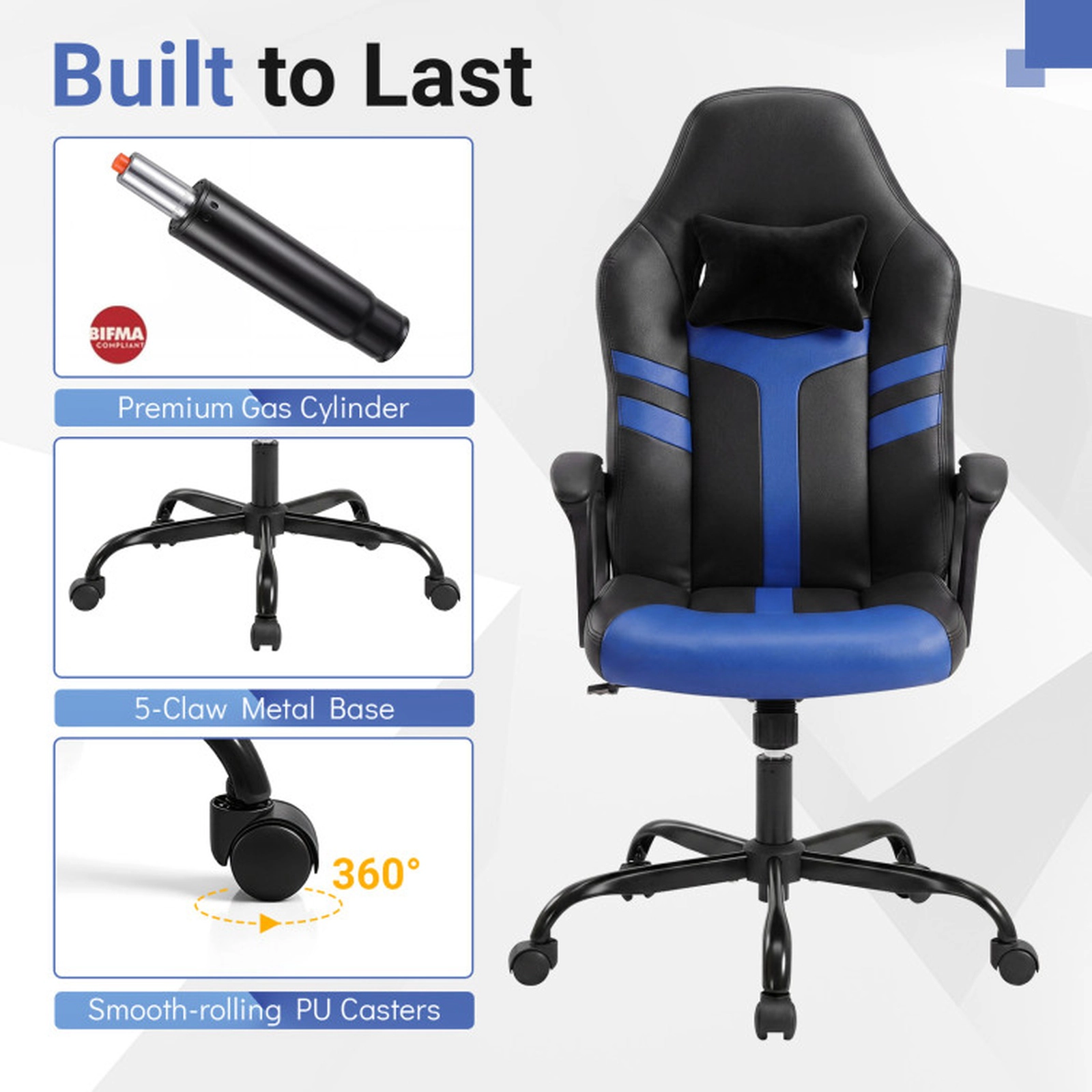 SUGIFT High Back Faux Leather Office Chair with Removable Head Pillow and Rocking 275-lb Chair Capacity Blue