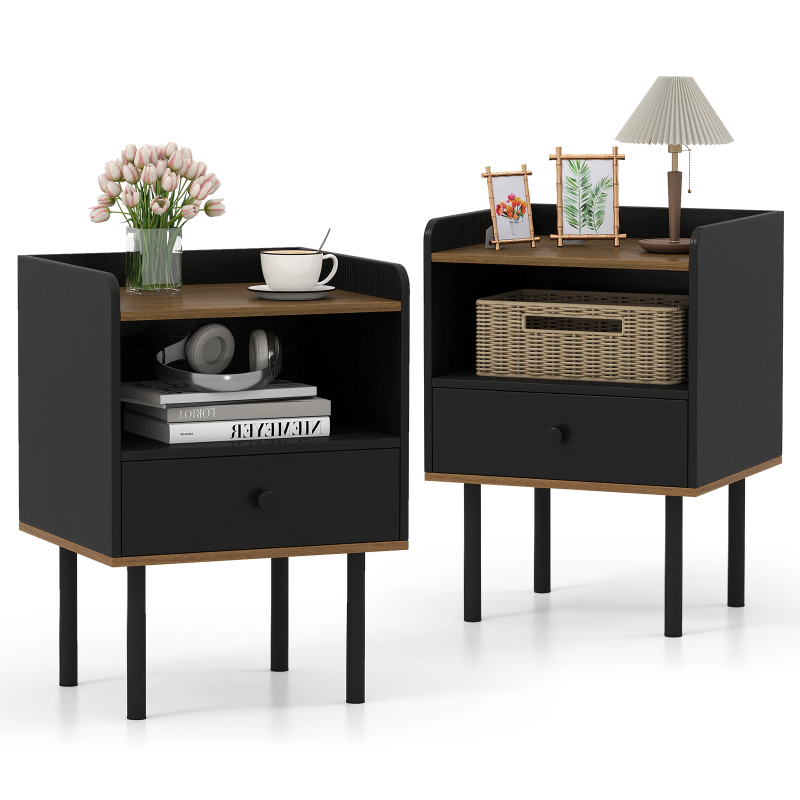 LJG Nightstand with Drawer 3-Tier Sofa Side Table with Open Storage Shelf Set of 2