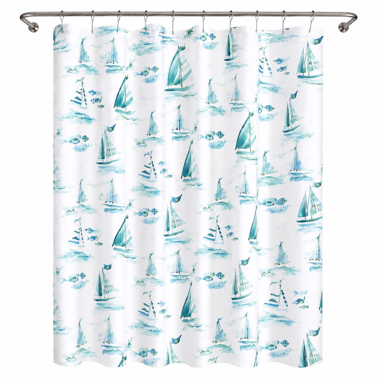 Kate Aurora Maritime Blues Coastal Sailboats And Fish Fabric Shower Curtain - 72 in. Wide x Long