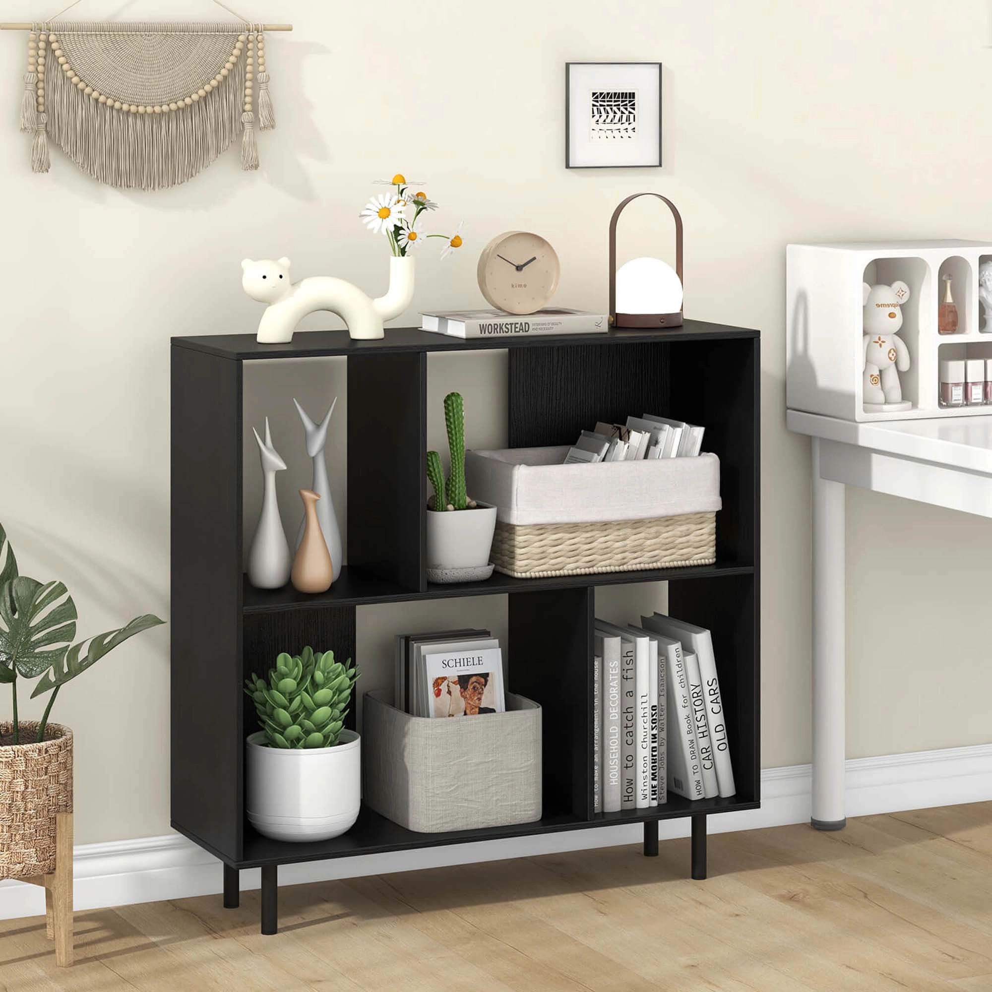 Costway Open Shelf Bookcase Mid Century Modern Cube Bookshelf with 4 Compartments Black