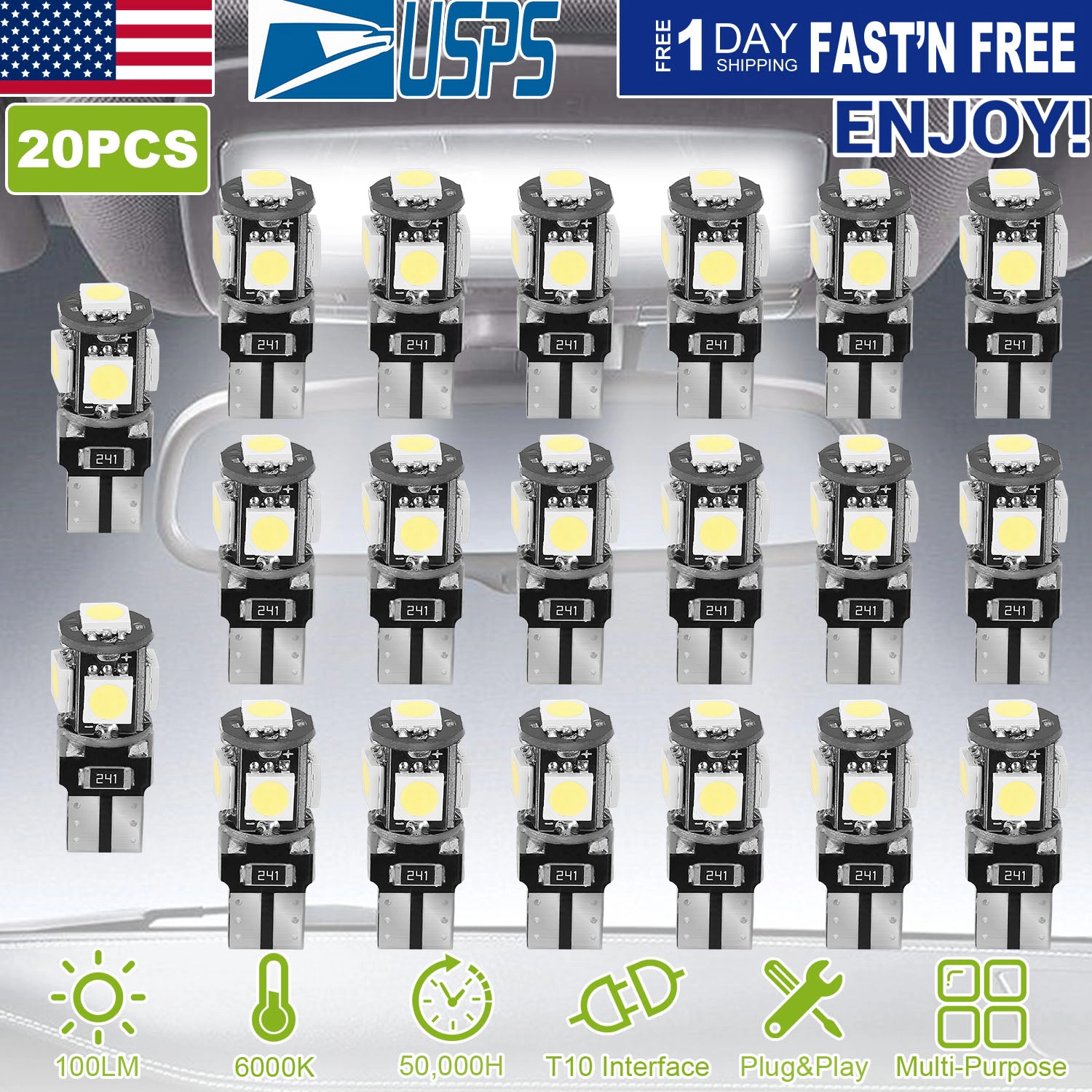 GBruno 20-Piece T10 LED Car Interior Light Bulb Kit