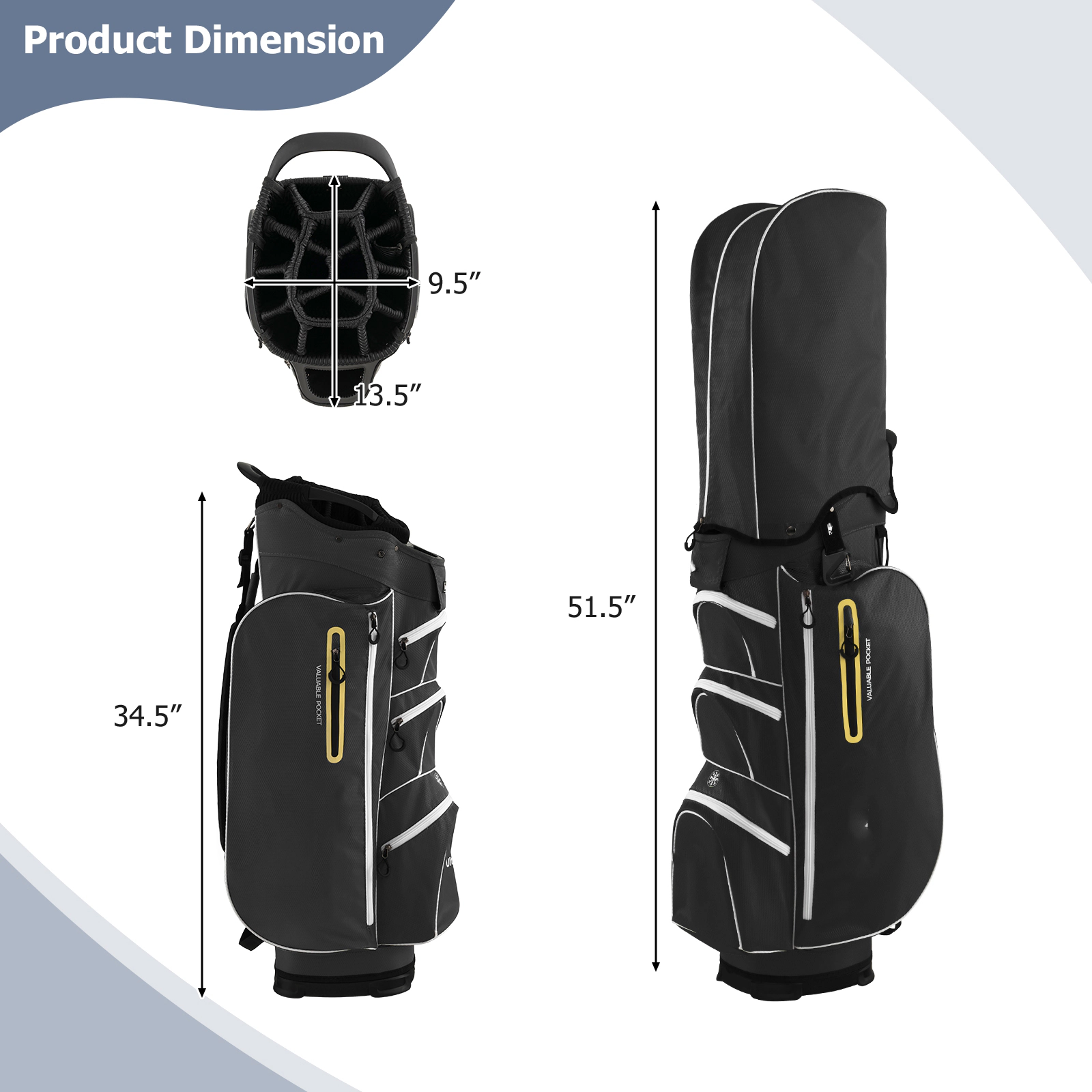 SUGIFT Black 15-Way Top Dividers and Rain Hood 9.5-in Lightweight Golf Cart Bag