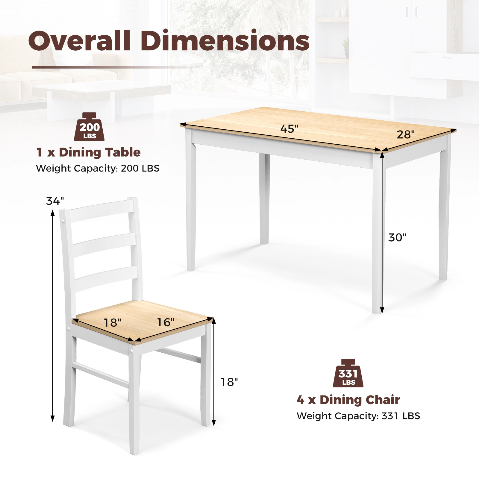 SUGIFT 5-Piece Wooden Dining Set with Rectangular Table and 4 Chairs 200/331-lb Capacity Natural and White