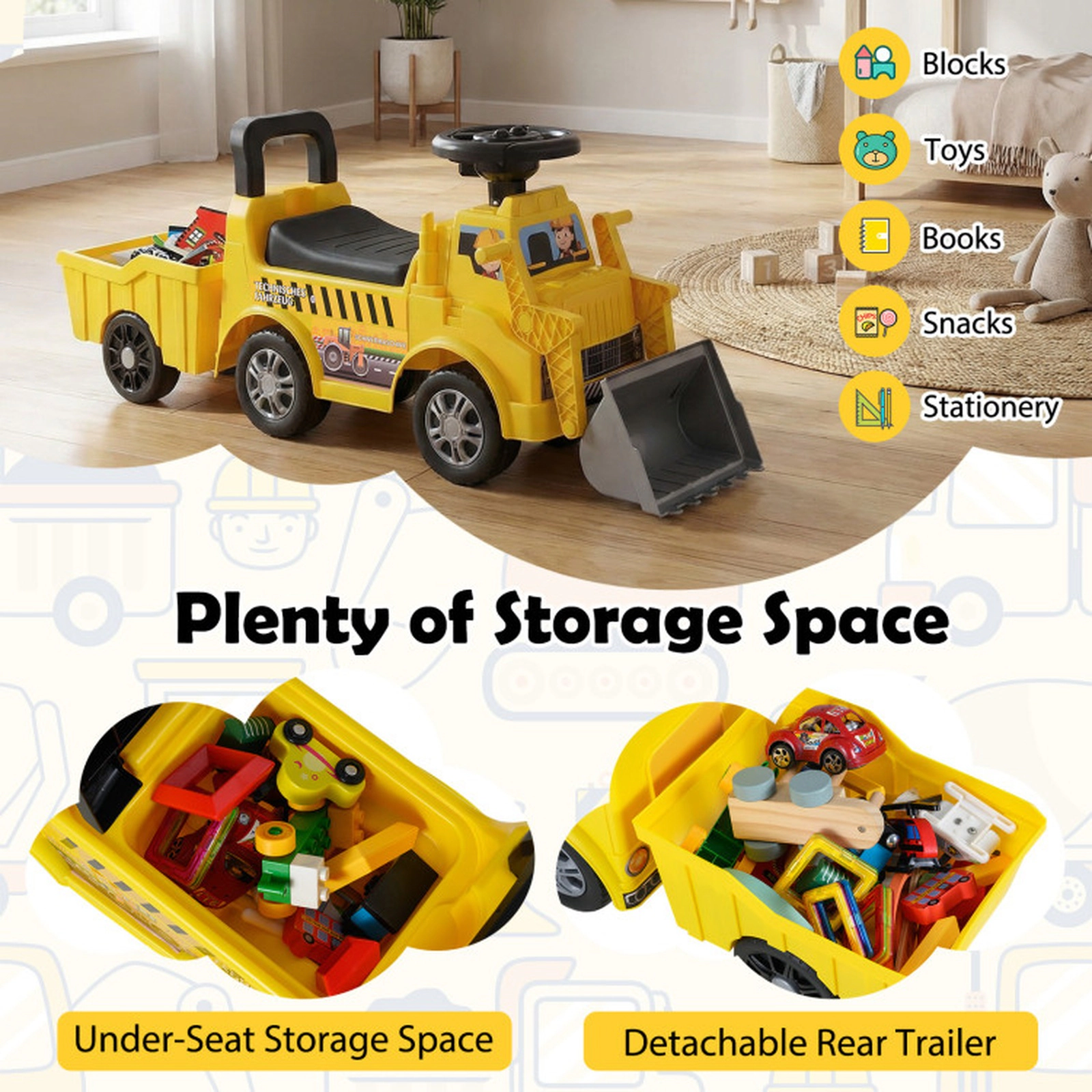 SUGIFT Yellow Shovel Trailer and Under-Seat Storage Kids Foot to Floor Digger Ride On Truck