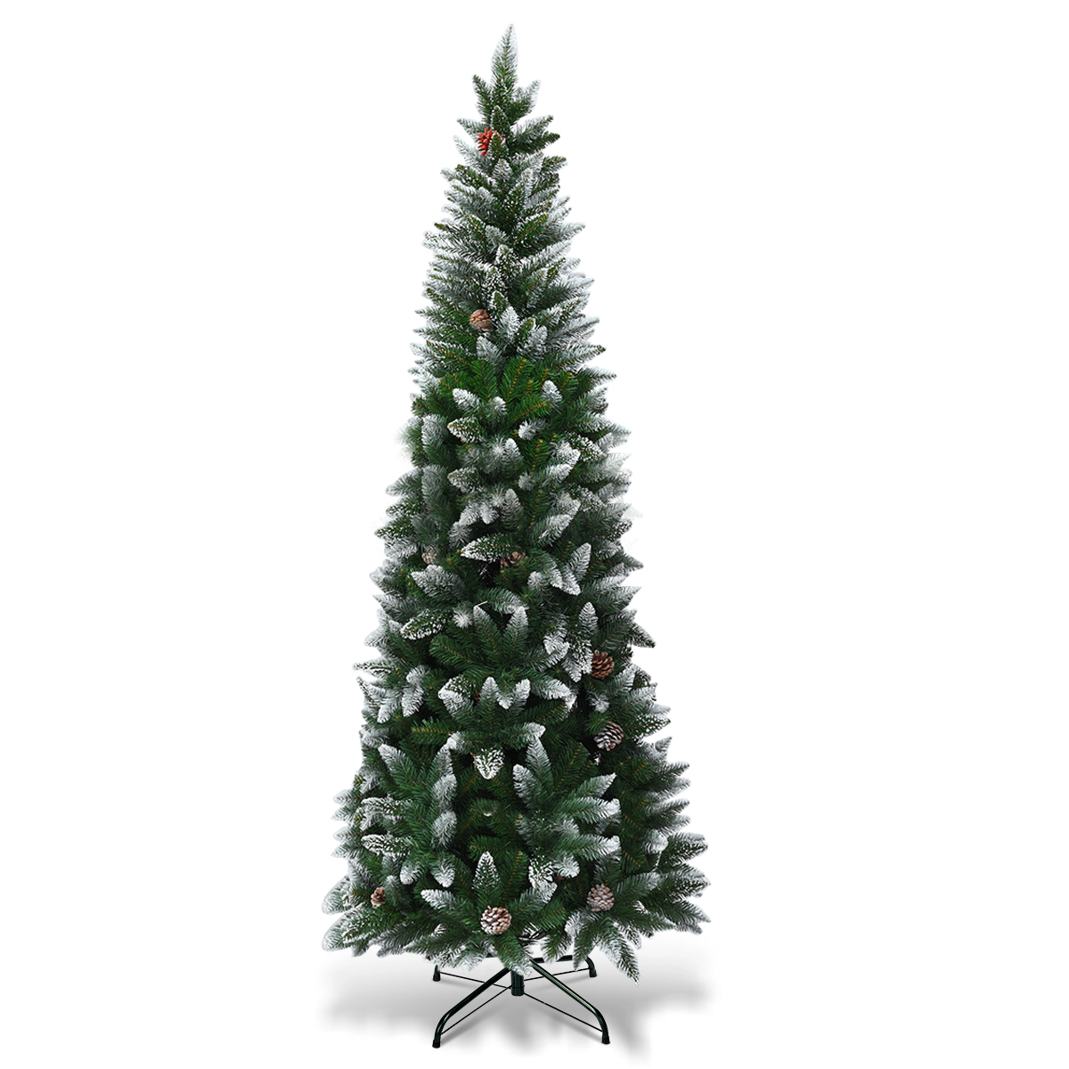 Costway 6ft Snow Flocked Unlit Pencil Christmas Tree Hinged Pine Cones