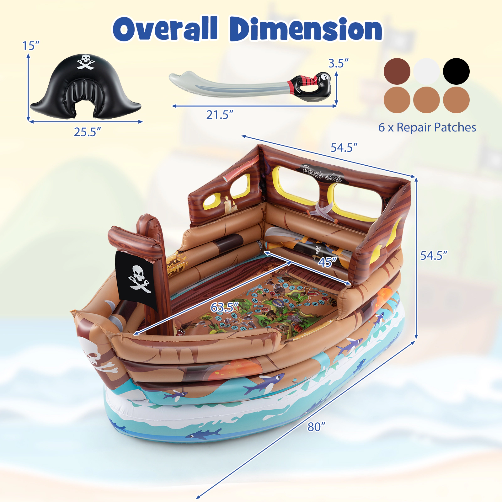 SUGIFT Brown Built-in Motor Toy Sword and Pirate Hat Kids Inflatable Pirate Ship Playhouse
