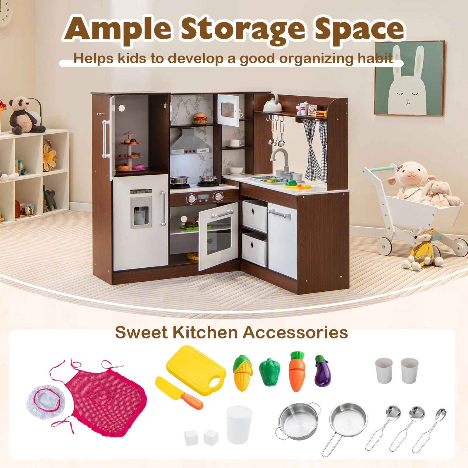 Wooden Corner Play Kitchen Water Circulation 360-Degree Faucet Ice Maker Plaid Curtains 40-in x 35-in x 38-in Brown