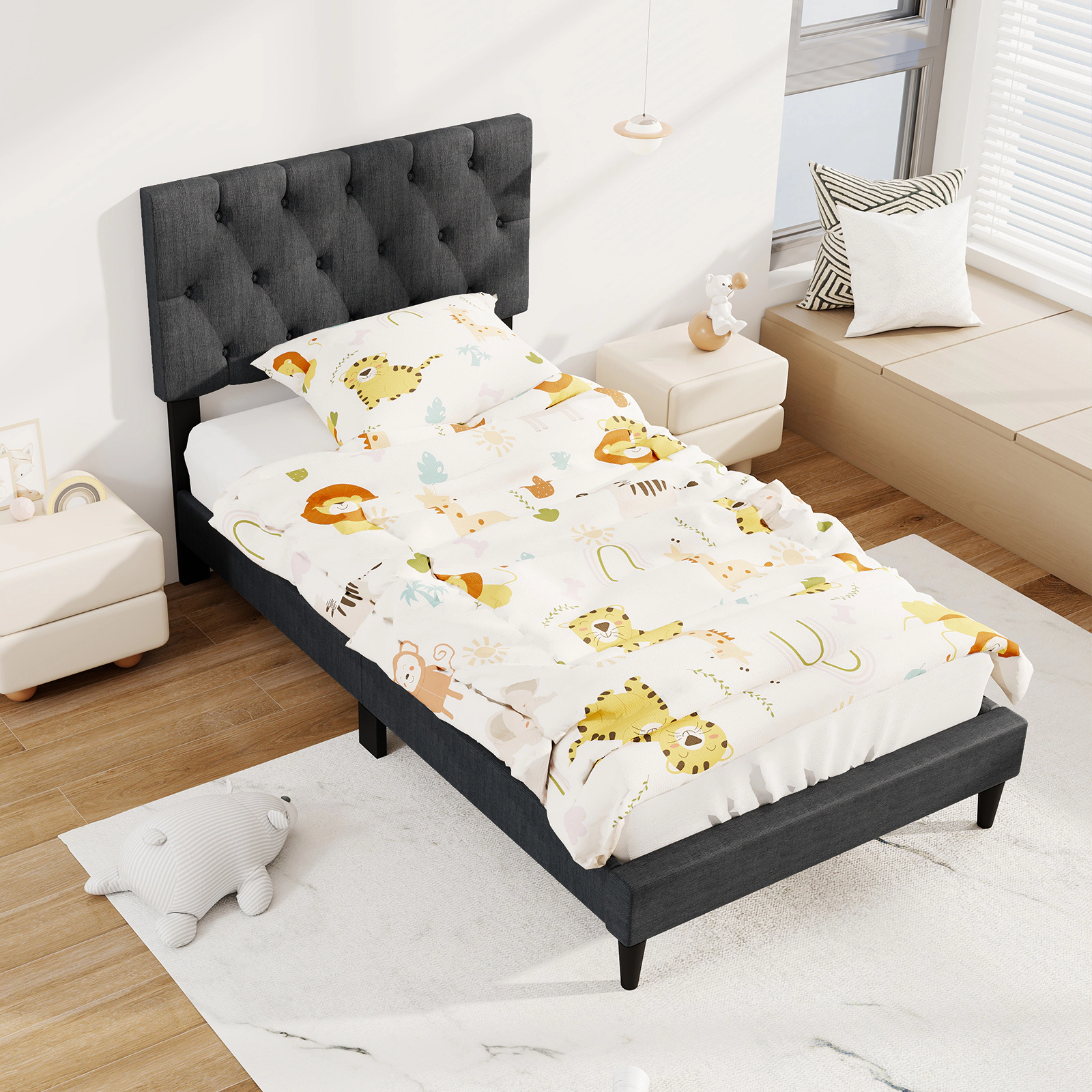 LJG Upholstered Platform Bed with Tufted Headboard and Wooden Slats Gray