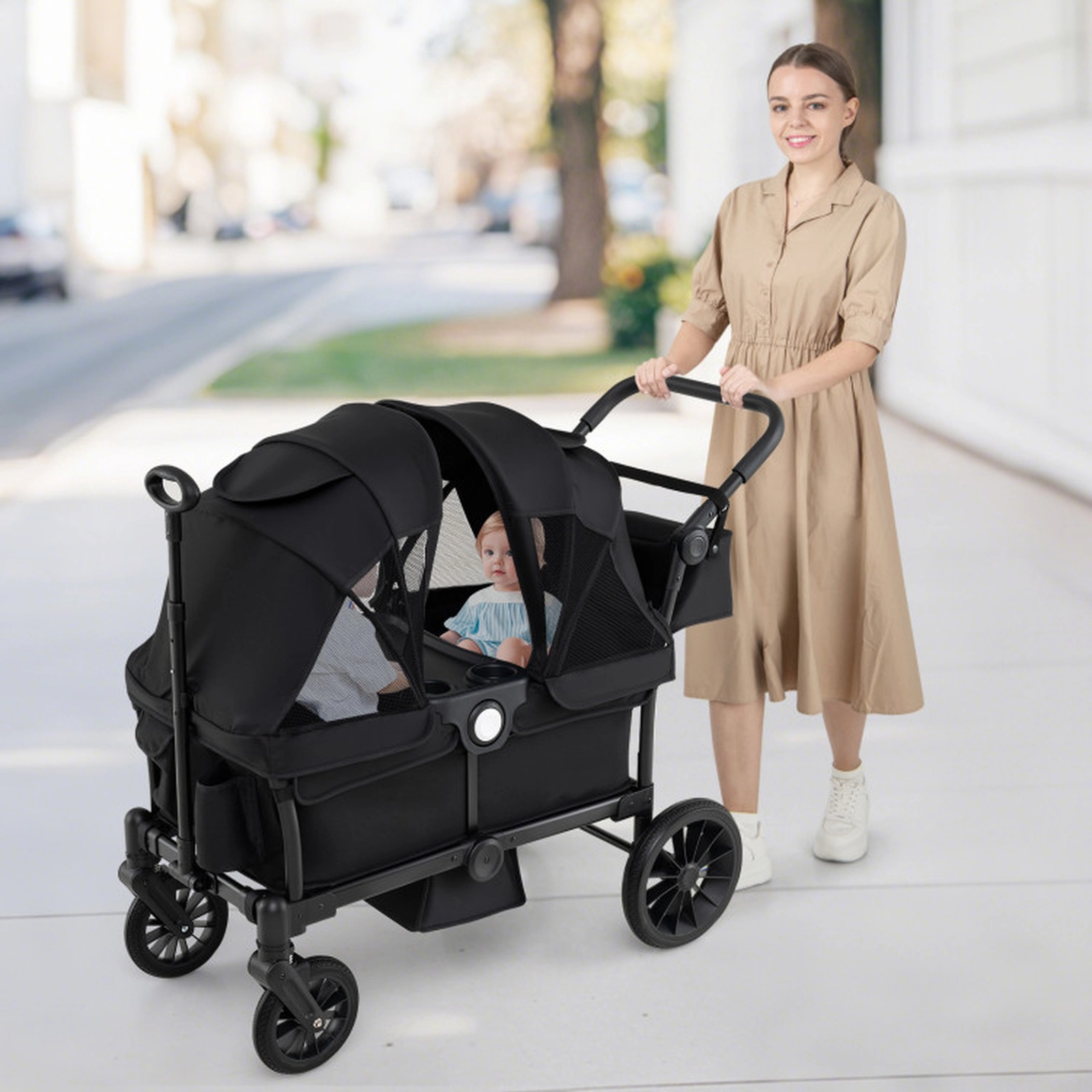 SUGIFT 2-Seater Push Pull Collapsible Kids Wagon Stroller 55-lb Capacity Per Seat Ages 6 Months+ Black/Gray
