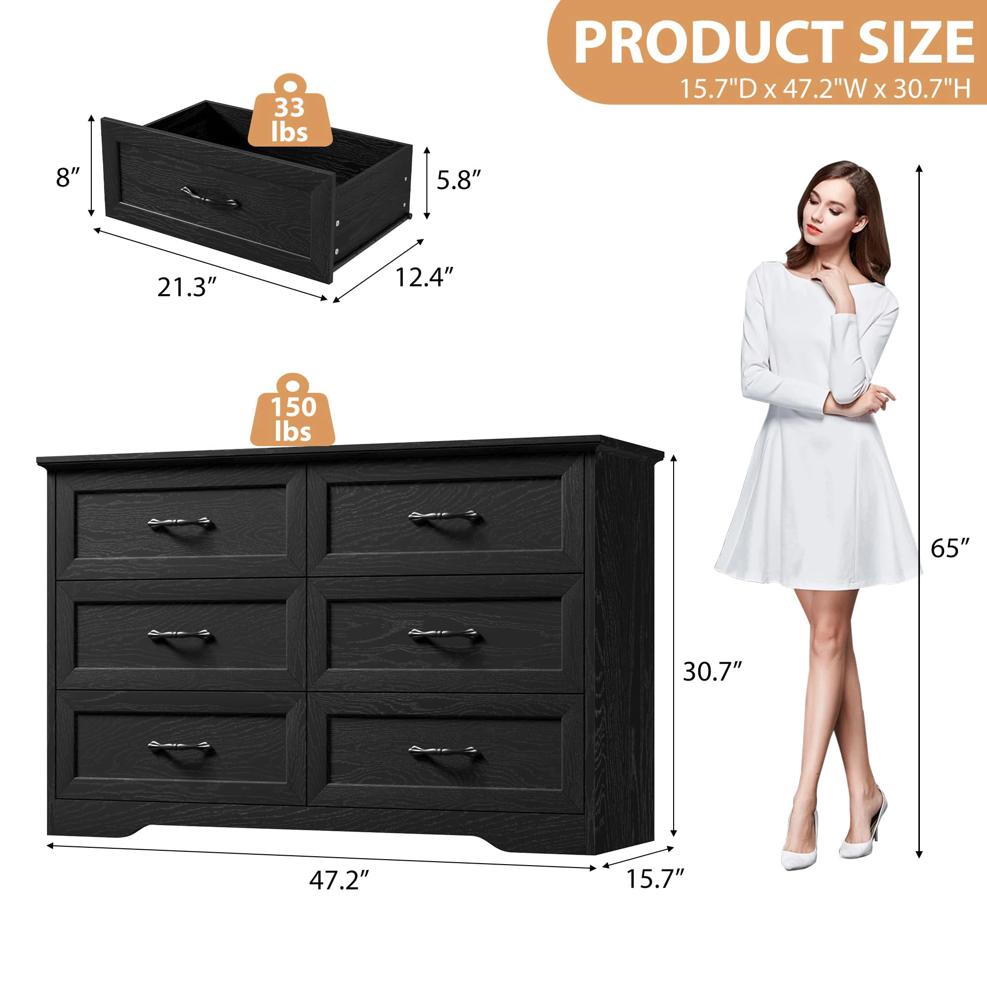 Farmhouse 6 Drawer Dresser with Metal Handles, 47.2" Wide Wooden Storage Cabinet for Bedroom