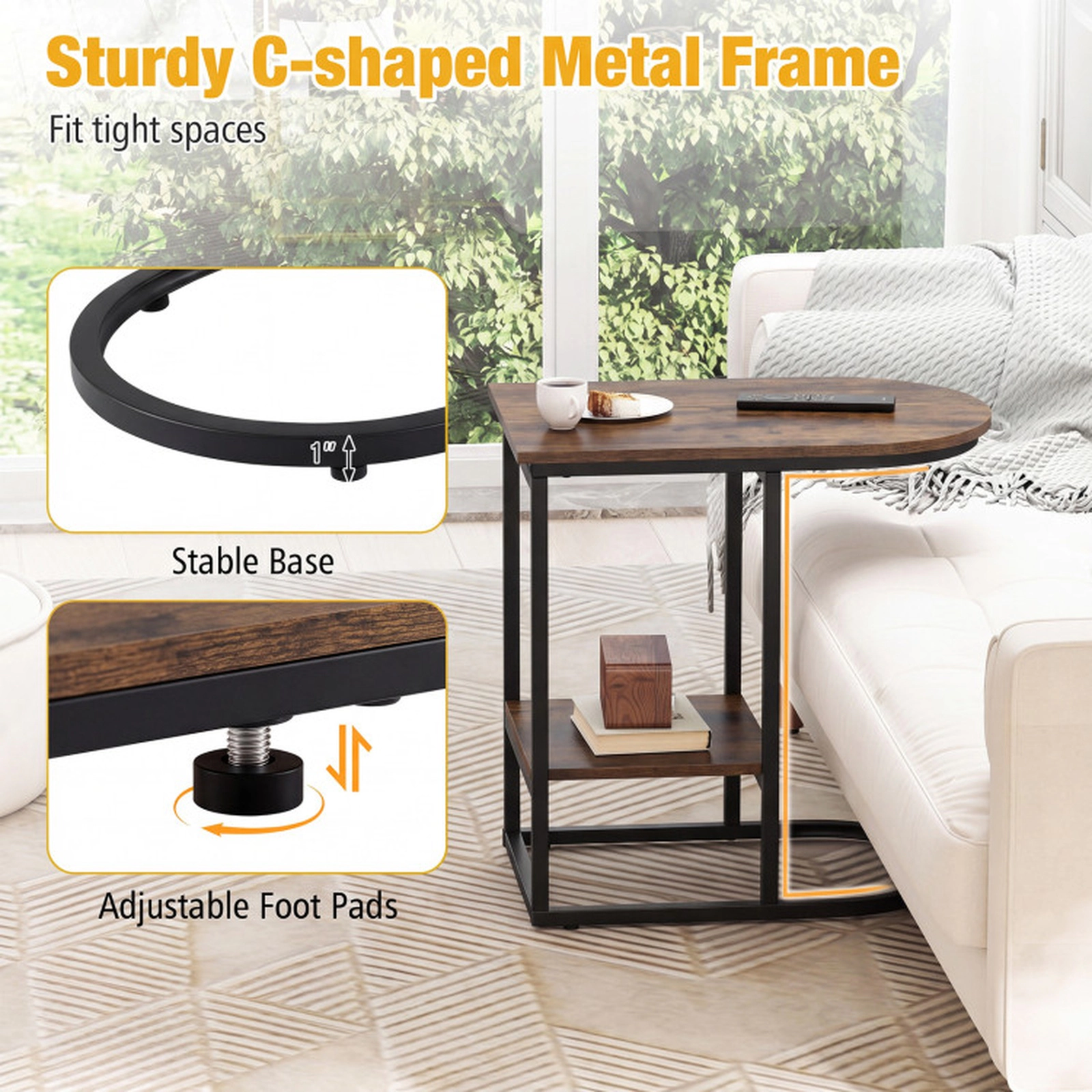 SUGIFT C-Shaped Sofa Side Table Faux Marble Tabletop & Storage Shelf 66-lb Tabletop Capacity 22-lb Shelf Capacity Rustic
