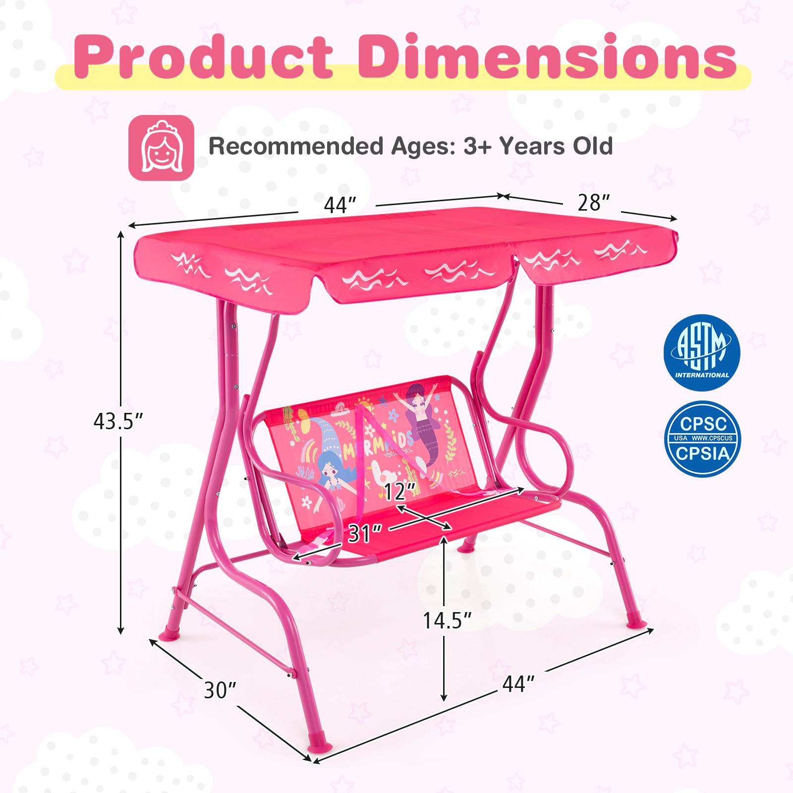 SUGIFT 2-Seat Kids Outdoor Swing with Metal Stand, Adjustable Canopy, Safety Belts, 180-lb Capacity, Pink
