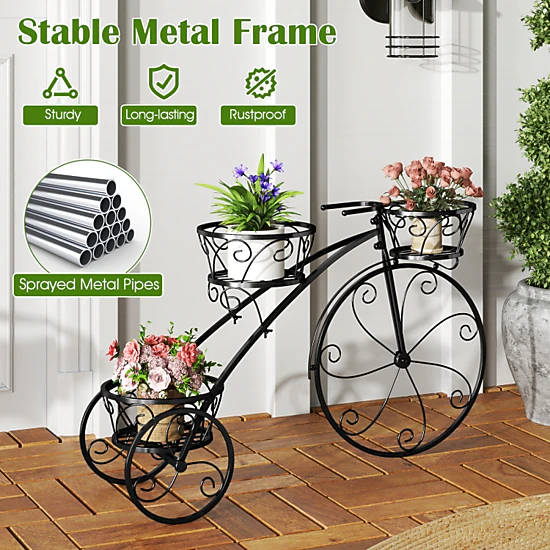 Hivvago Tricycle Plant Stand Flower Pot Cart Holder with 3 Hollowed Baskets
