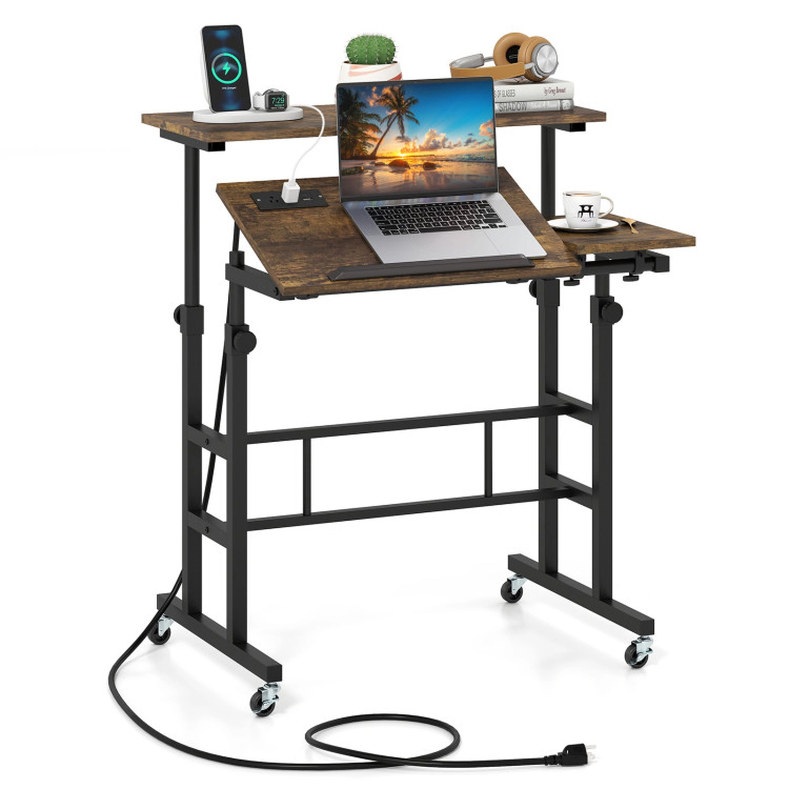 SUGIFT Rustic Brown Power Outlets and Rolling Laptop Cart Height Adjustable Mobile Standing Desk