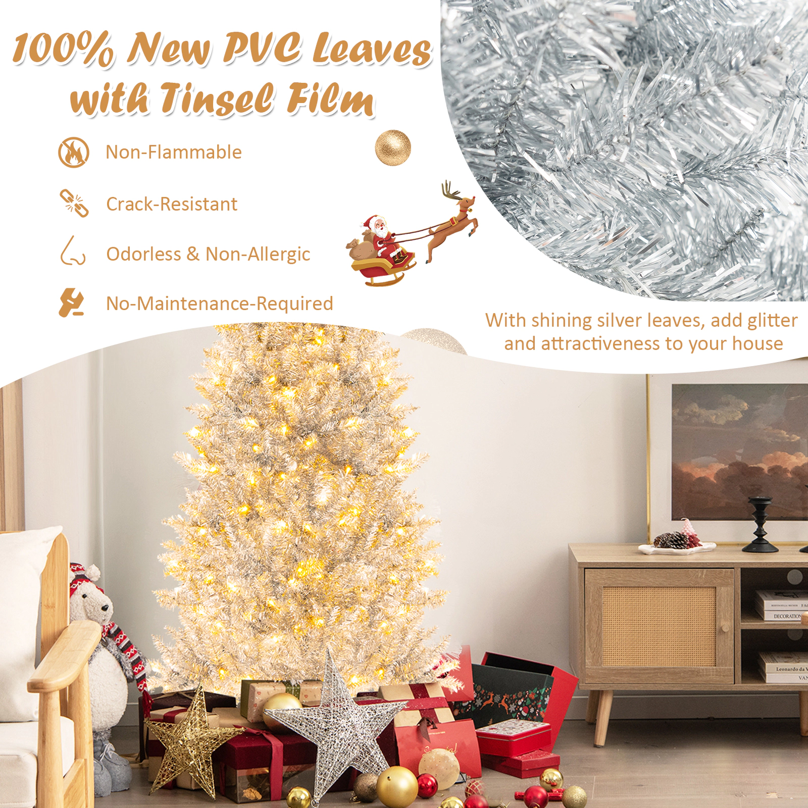 SlickBlue Pre-Lit Silver Christmas Tree with Hinged Branches and Metal Stand