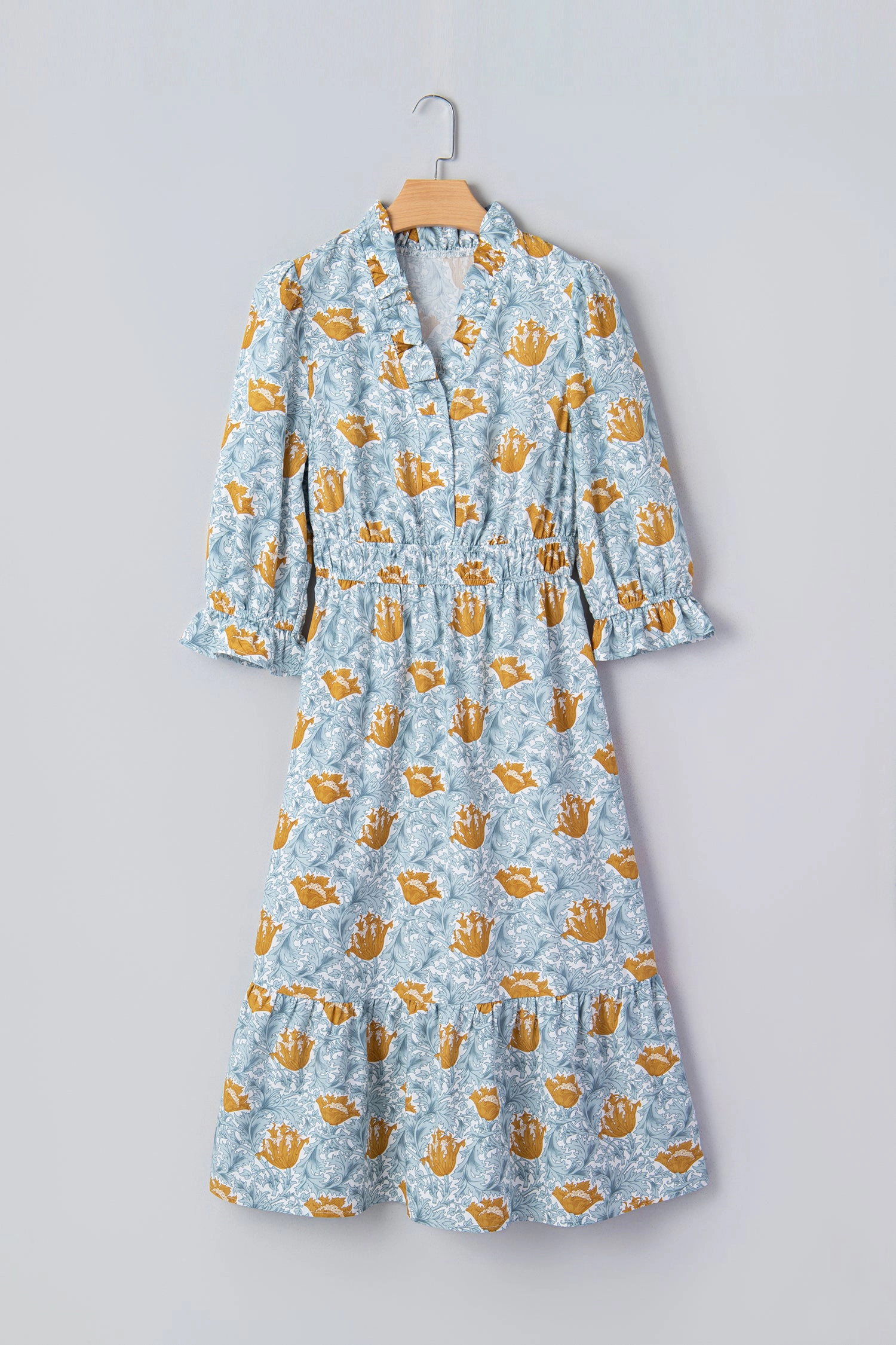 Threaded Pear Womens Rosalee Floral Frilled V-Neck Long Dress - Bracelet Sleeve, Elastic Waist