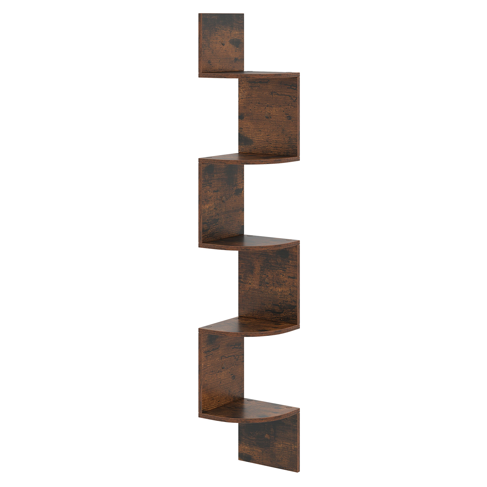 SUGIFT 5-Tier Rustic Brown 50-in Wall Mounted Floating Corner Bookshelf with 6 Mounting Kits and Edge Guards