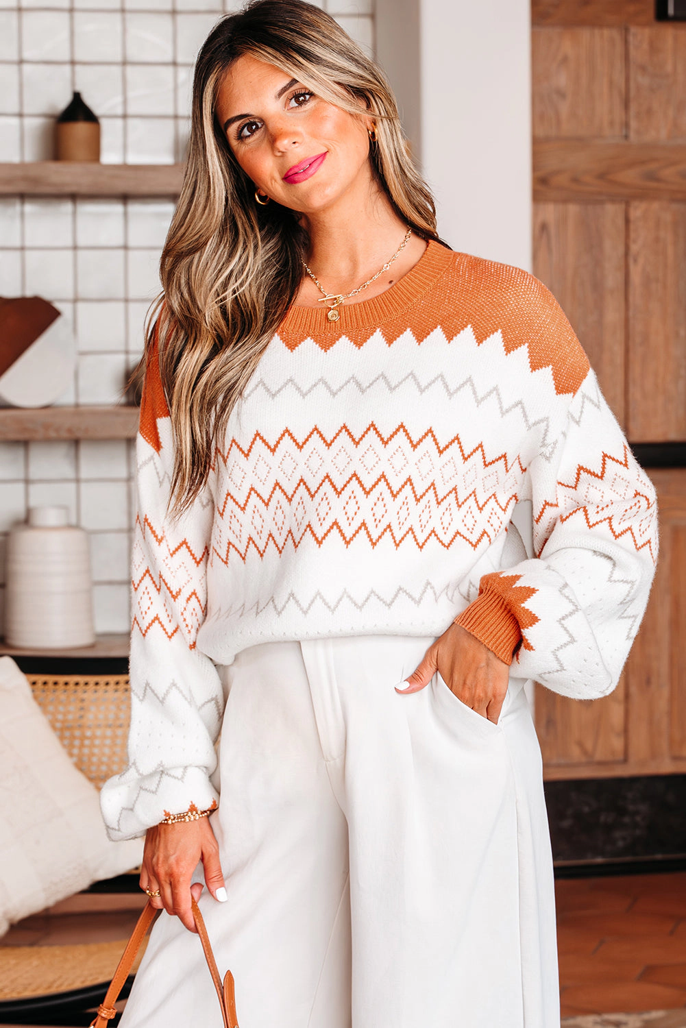 Threaded Pear Women's Daphne Zigzag Knitted Pullover Sweater