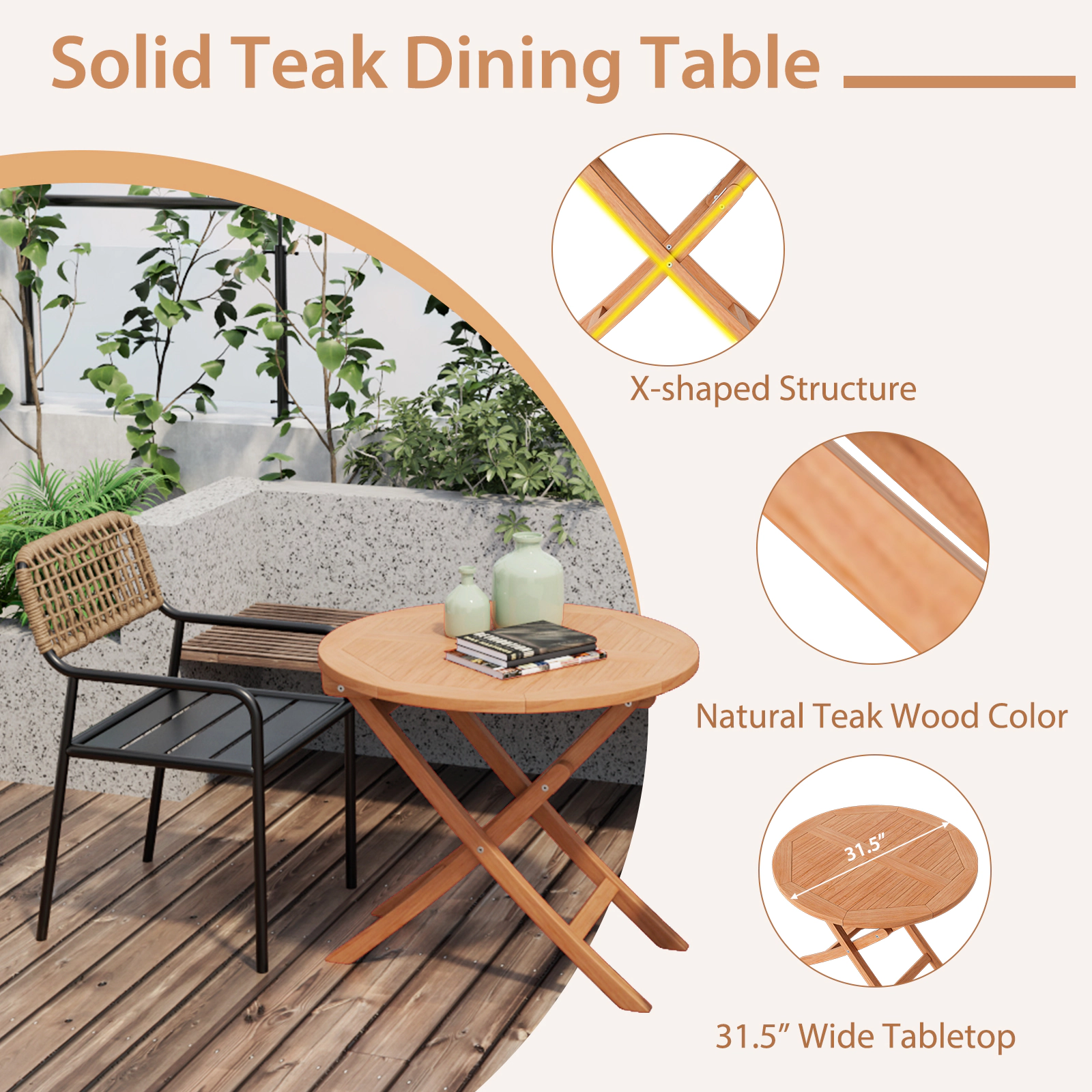 SUGIFT 31.5-in Folding Teak Wood Round Coffee Table 220-lb Capacity Natural Color Patio Accent Table 1-Piece