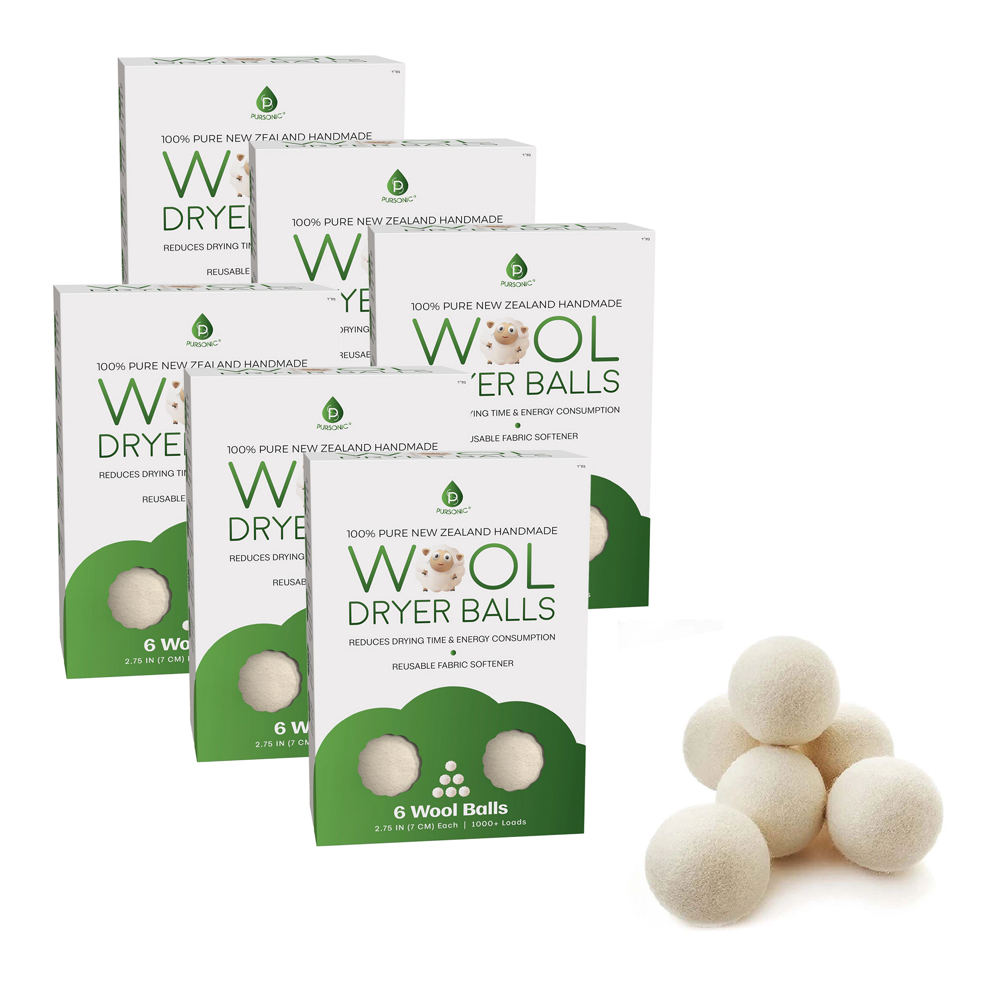 Pursonic Unisex Eco-Friendly Laundry Care 100% Pure New Zealand Wool Dryer Balls Family Bundle