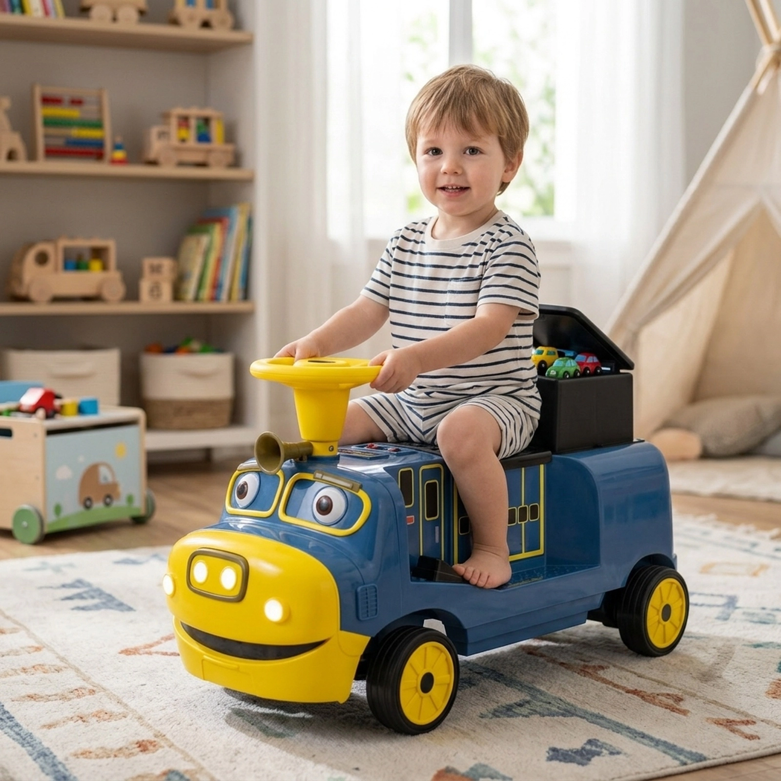 12V 2-Seater Kids Ride On Train Height Adjustable Rear Seat Hidden Storage Compartment Music Player Ages 3-8 Blue Toy