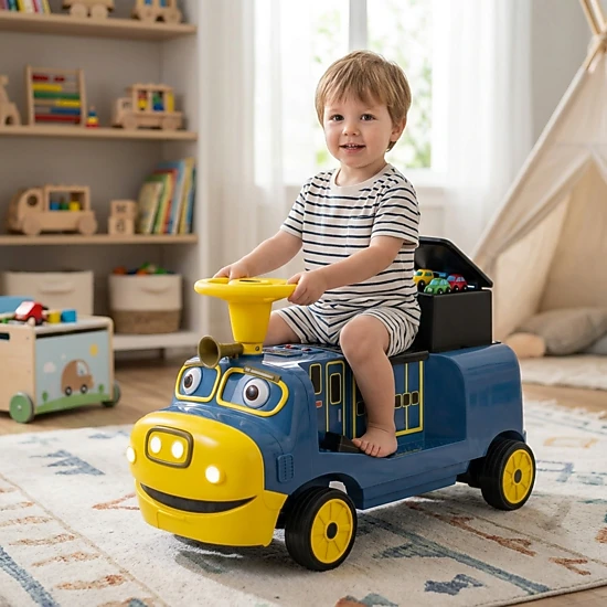 12V 2-Seater Kids Ride On Train Height Adjustable Rear Seat Hidden Storage Compartment Music Player Ages 3-8 Blue Toy