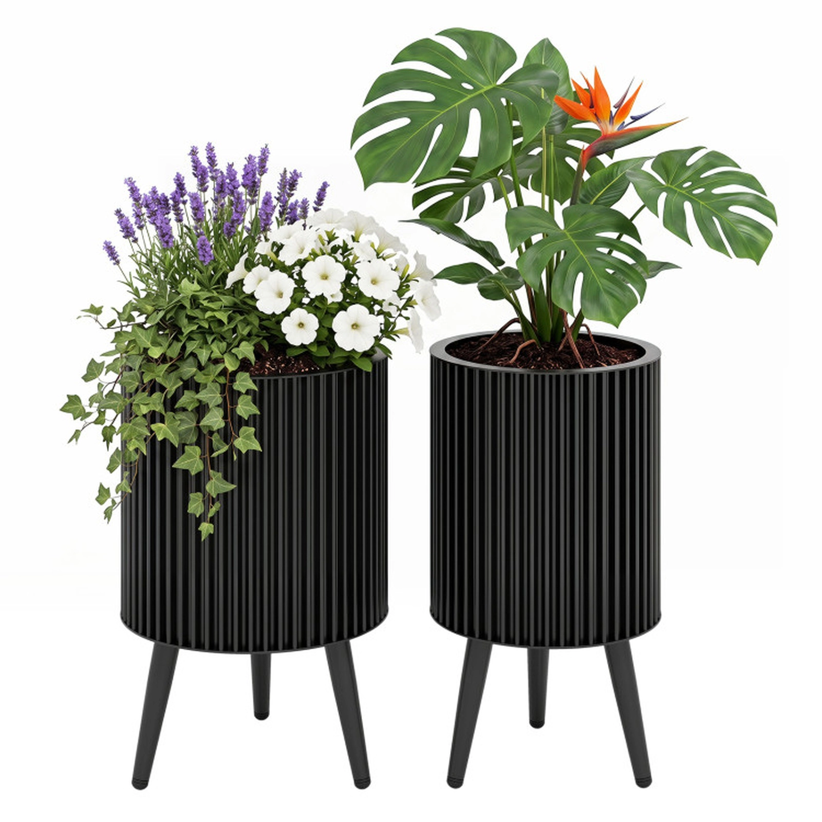 SUGIFT Modern Fluted Metal Planter Flower Pots with Stand 110-lb Capacity Set of 2 Black 20 x 23 in and 18 x 23 in