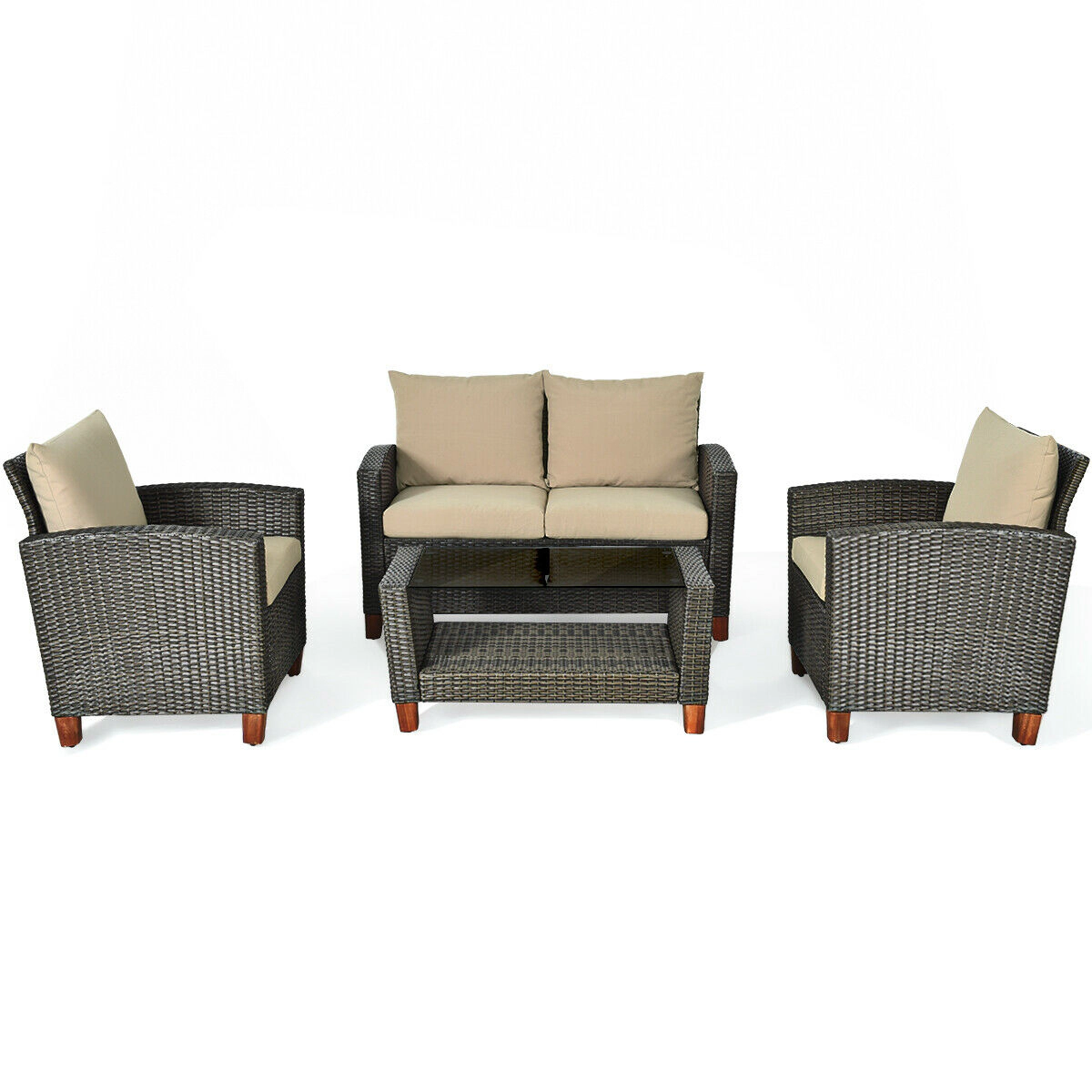 LJG 4 Pieces Patio Rattan Furniture Set with Cushions