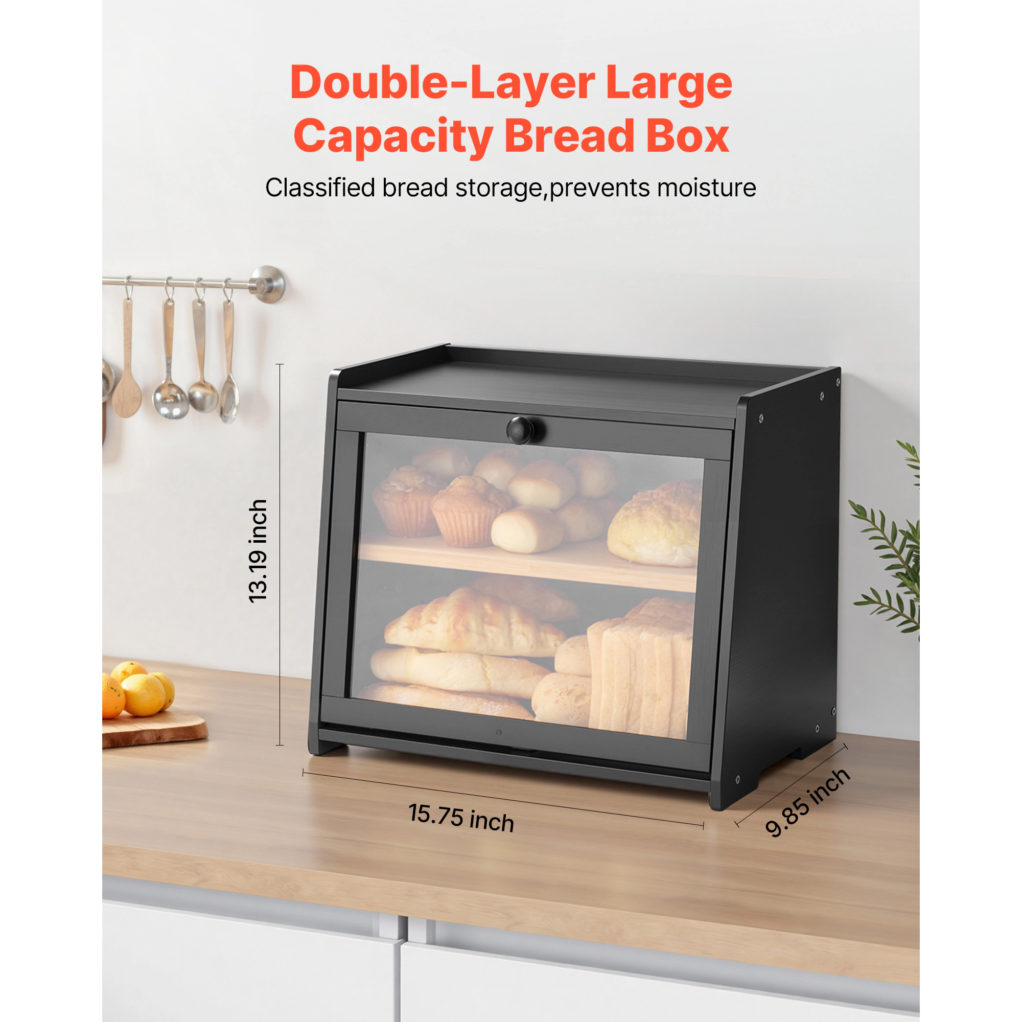 HONGGE Double Layer Bread Box for Kitchen Counter Large Capacity Bamboo Storage Container Farmhouse Wooden