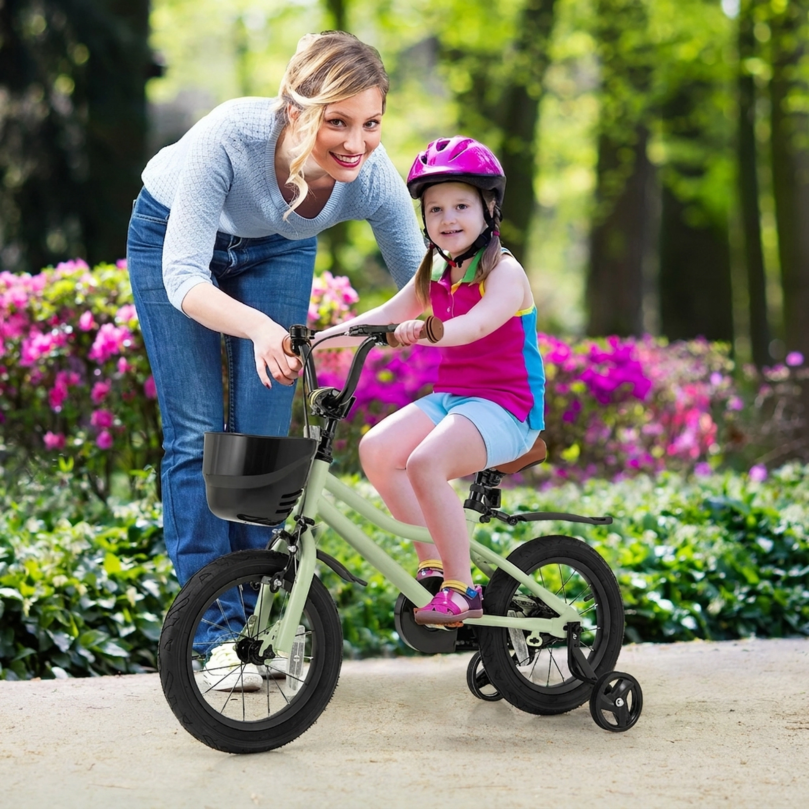 14-in Kids Bike Removable Training Wheels Quick-Release Seat Dual Brakes and Assembly Tool Included Ages 3-5 Green