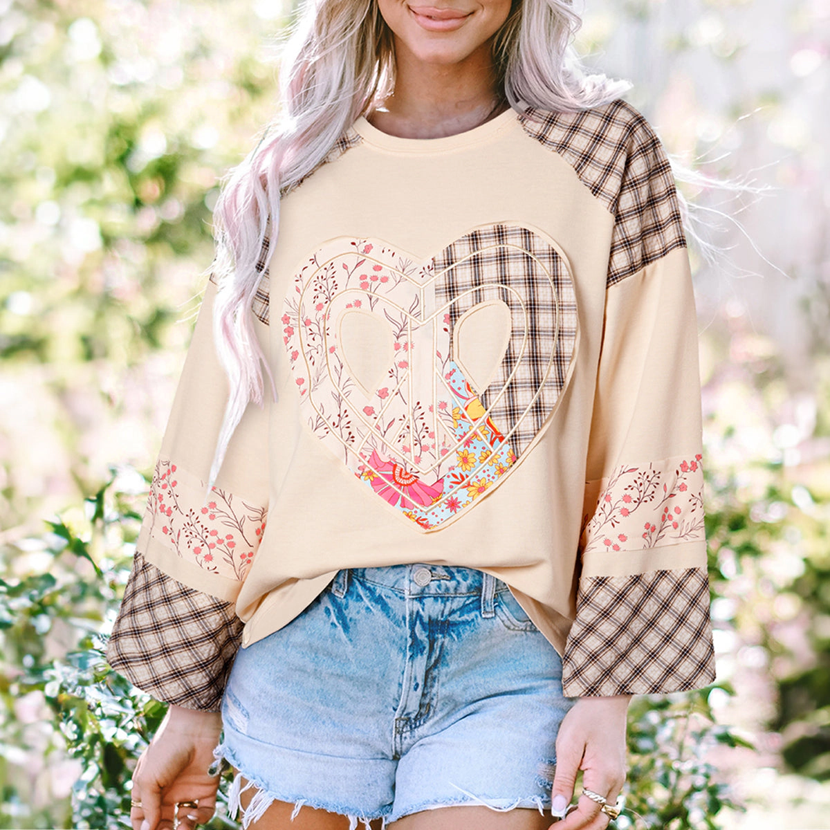 Sol Living Womens Plaid Floral Peace Heart Graphic Wide Long Sleeve Top
