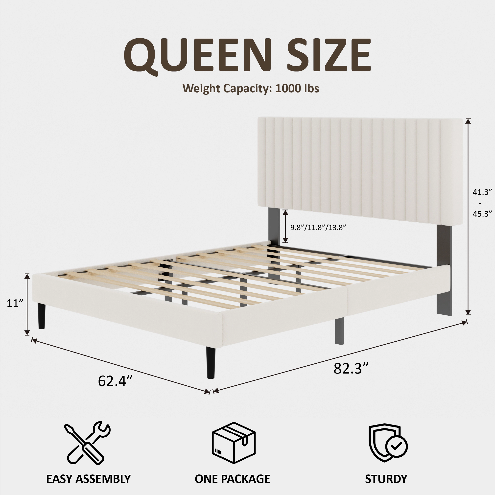 Flynama Queen Velvet Platform Bed with Height-Adjustable Headboard, Sturdy & Quiet, Beige