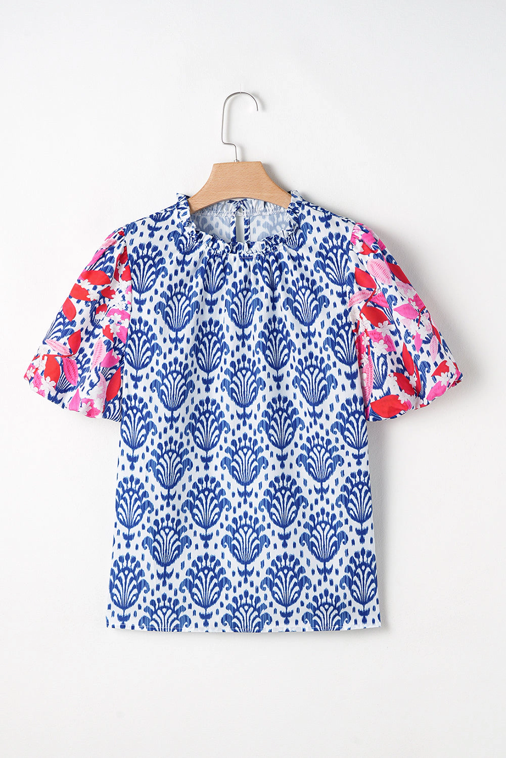 Threaded Pear Women's Julieta Floral Puff Sleeve Frilled Neck Blouse