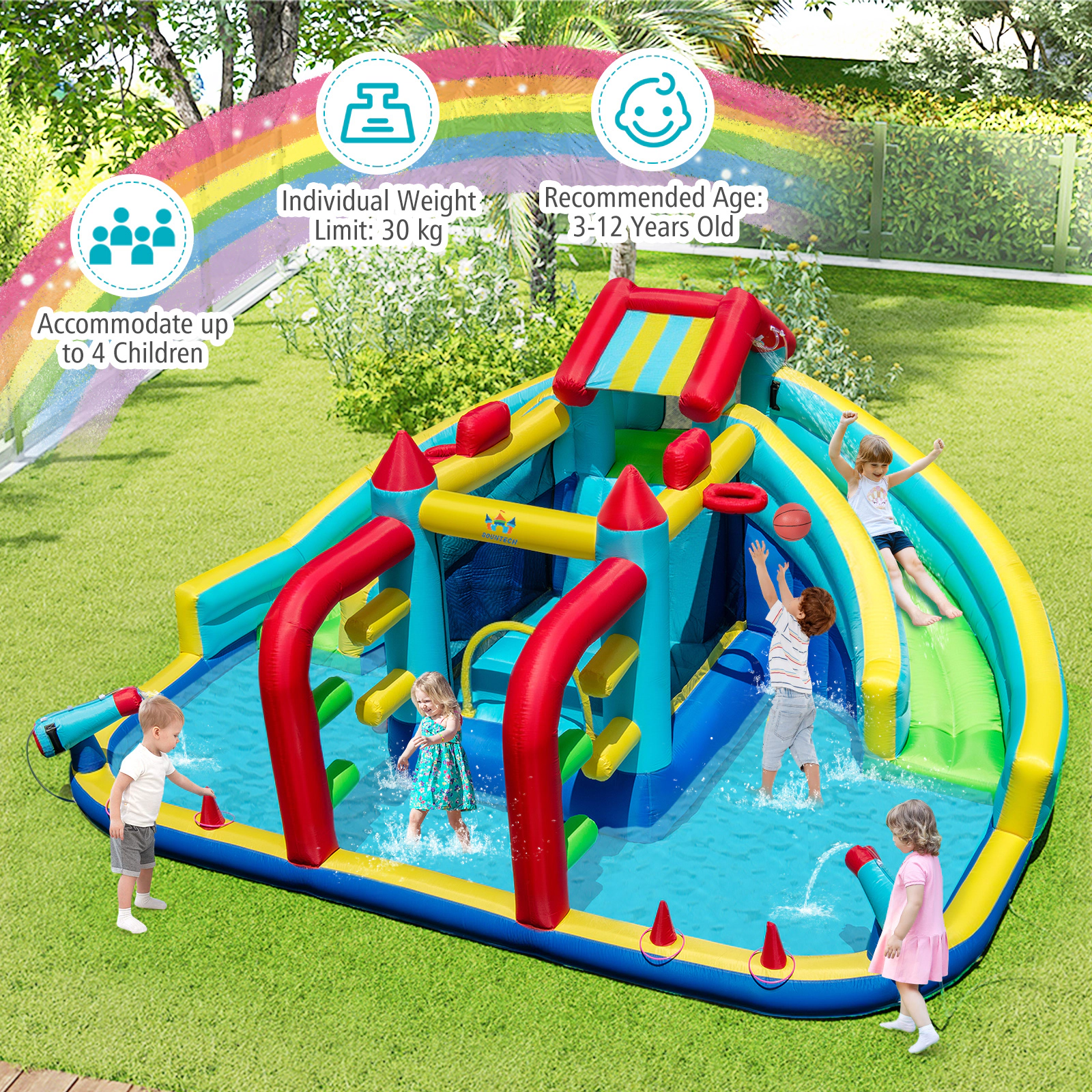 SUGIFT 4-Child 66-lb Capacity Inflatable Double Water Slide Park with Obstacle Course and 750W Blower