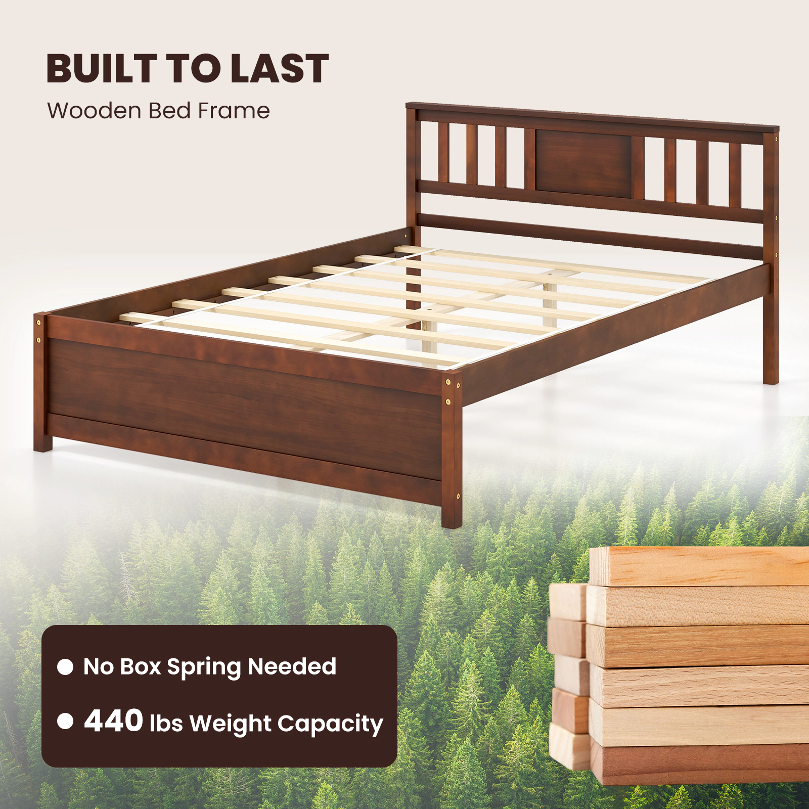 SUGIFT Wood Slat Support Platform Bed Frame with Headboard 440-lb Capacity Full Size Walnut