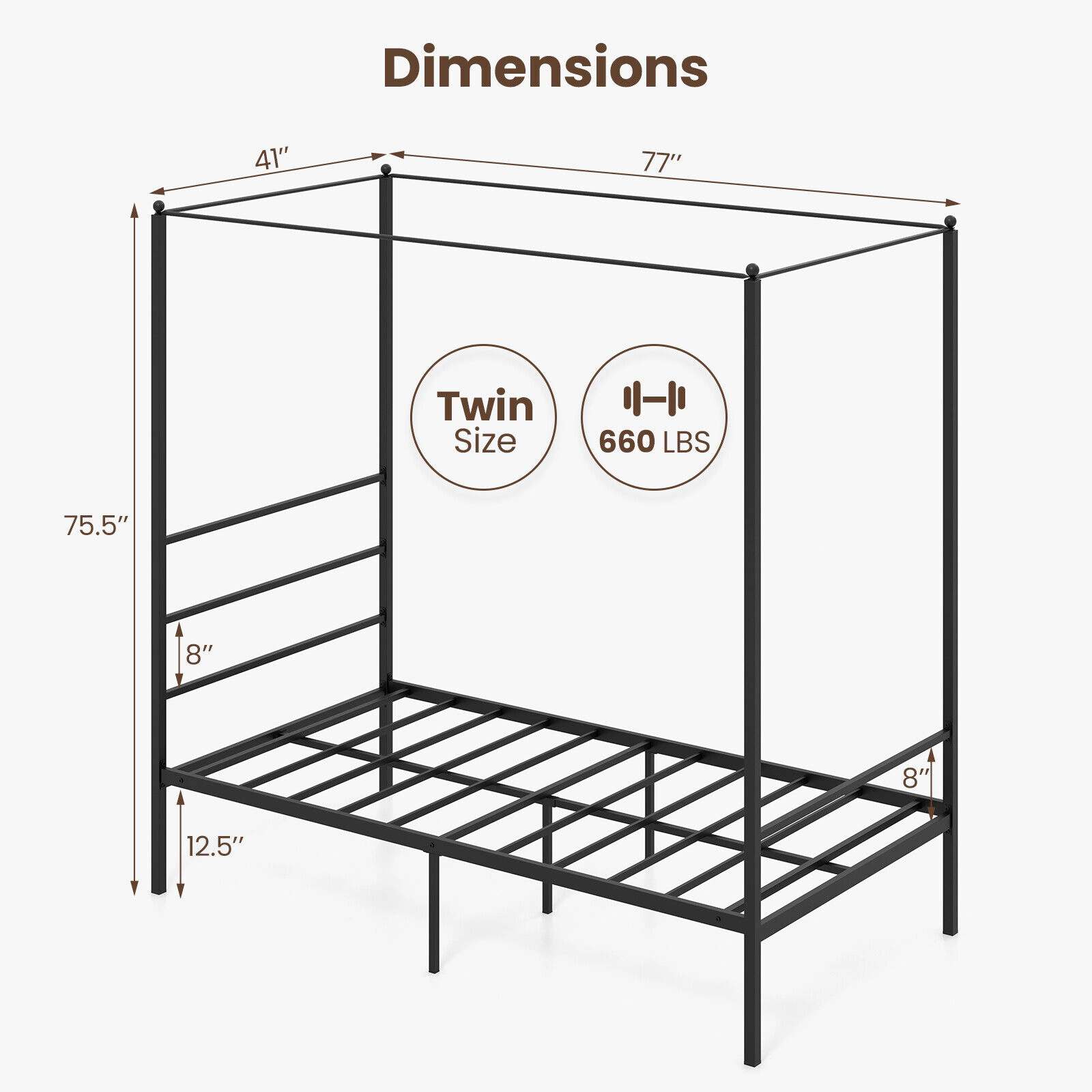 LJG Twin/Full/Queen Size Metal Canopy Bed Frame with Slat Support