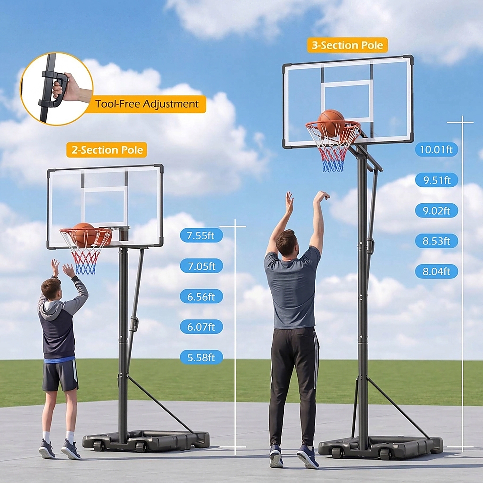 SUGIFT 10-ft 3-Section Pole Portable Basketball Hoop with 43-in PC Backboard and 97-lb Fillable Base