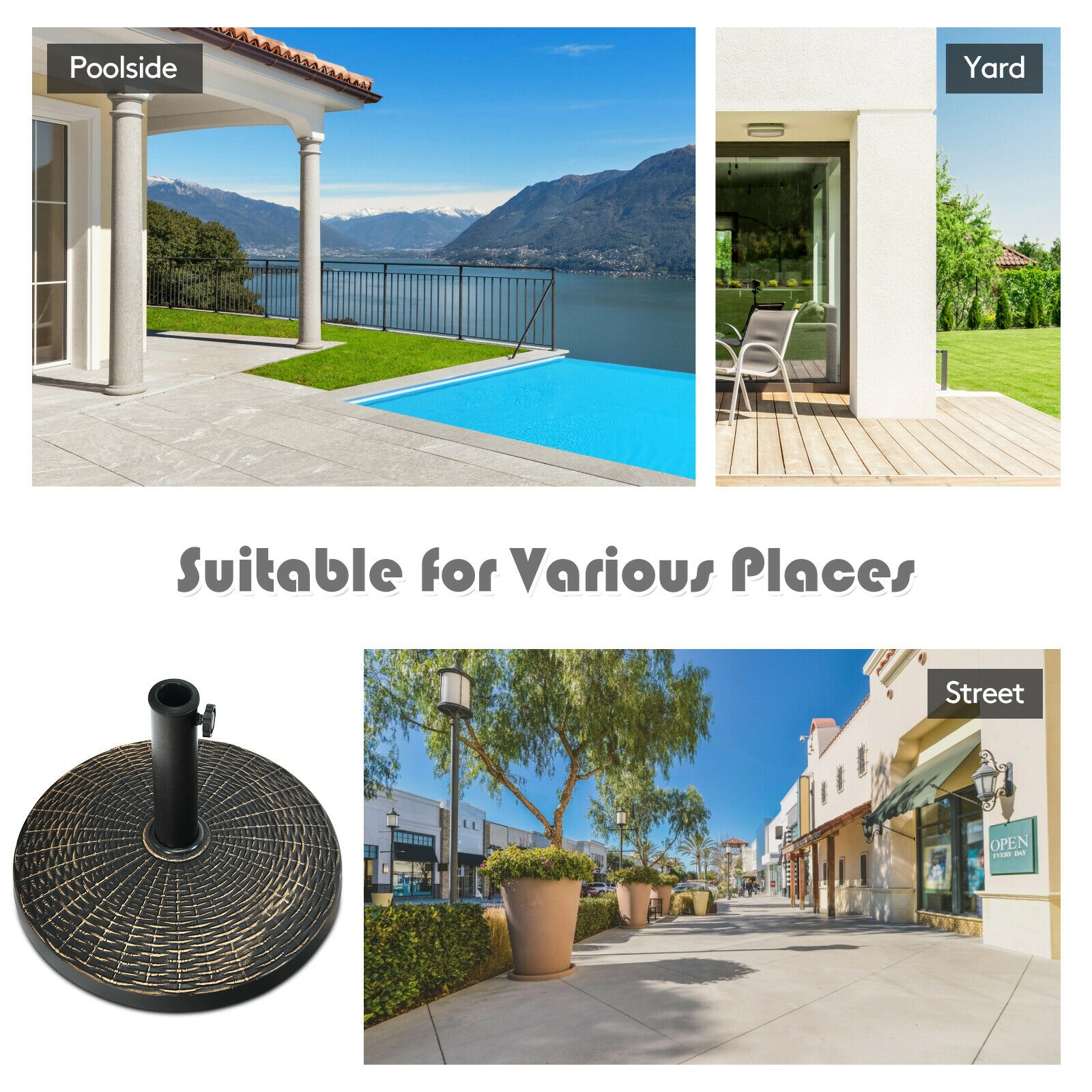 Slickblue Outdoor Umbrella Base 18 Inch Bronze Resin Steel Weighted Stand Patio Deck Garden