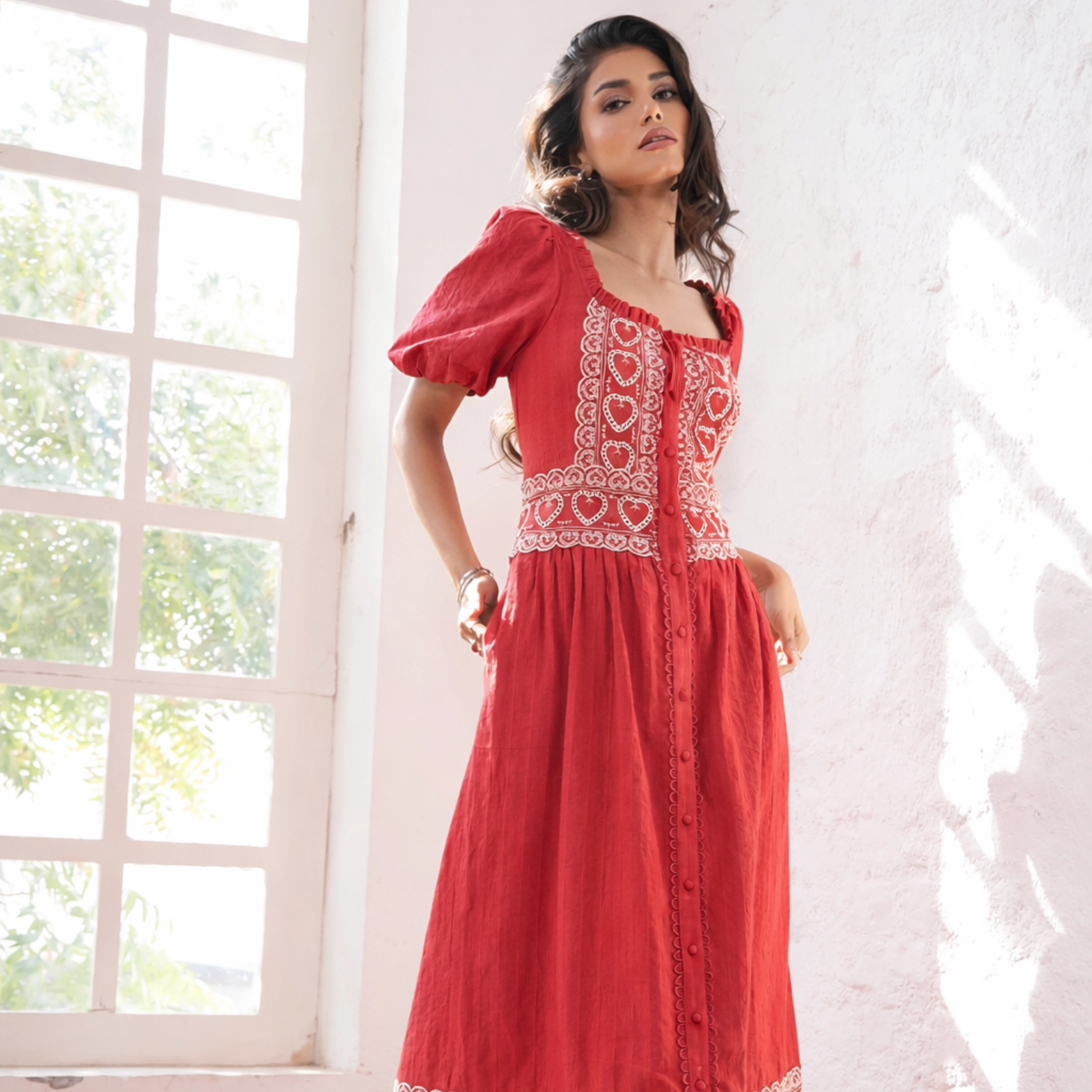 Rose & Nancy Women's Harri Red And White Cotton Heart Embroidery Short Sleeve Maxi Dress