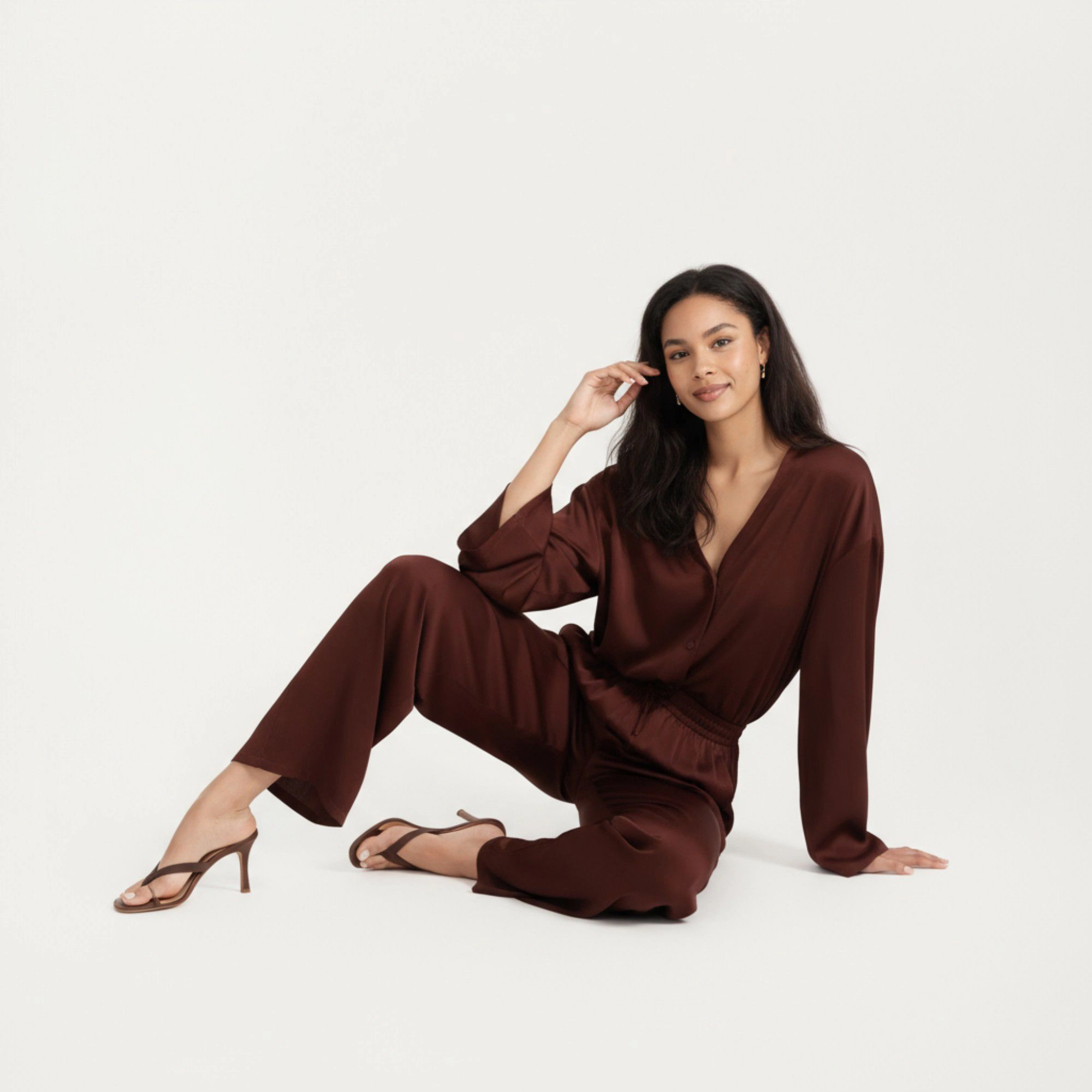 Anna-Kaci Women's 2-Piece Satin Long Sleeve V-Neck Button Front Top and Relaxed Fit Pants