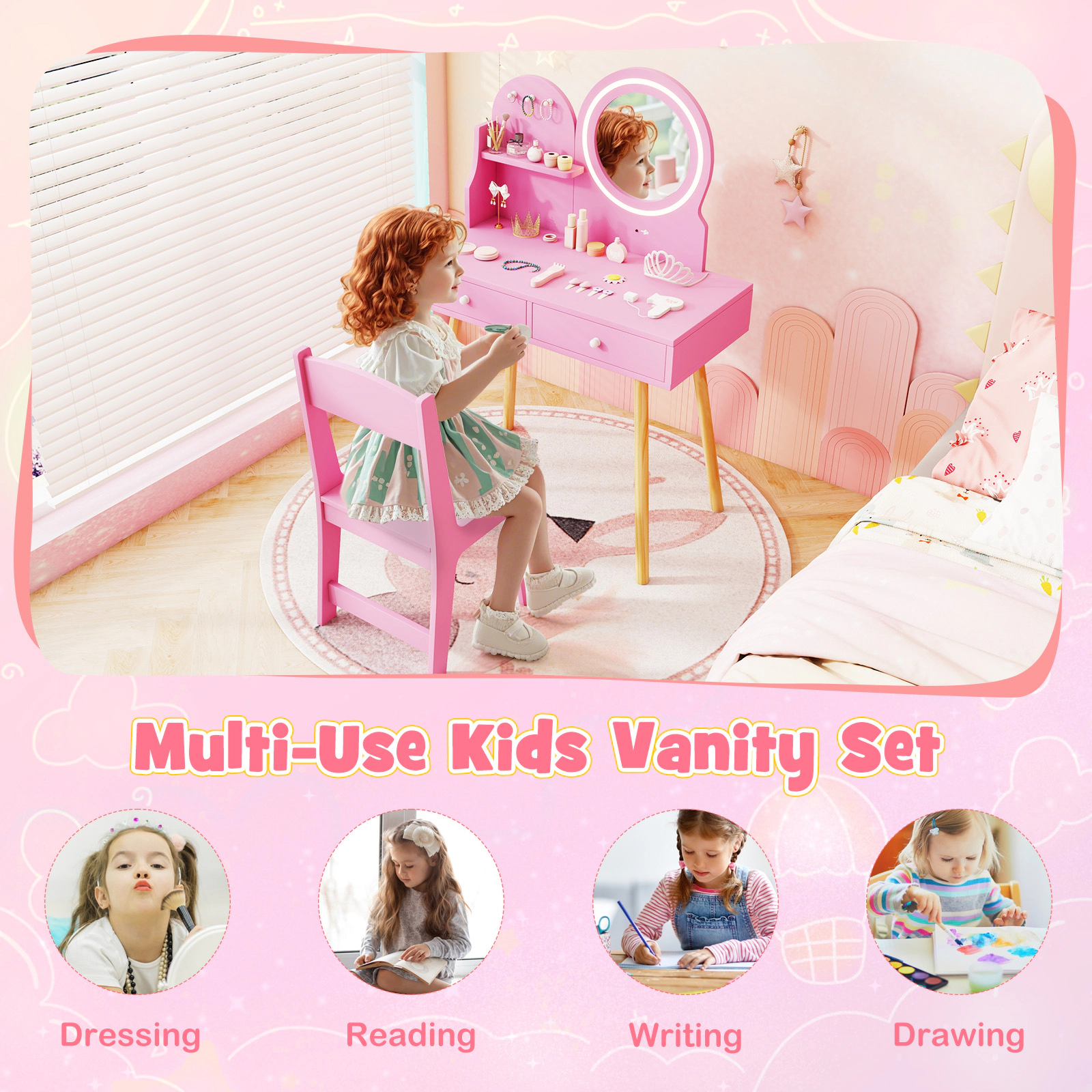 SUGIFT Kids Princess Makeup Dressing Desk & Chair Set Lighted Mirror 110-lb Tabletop 165-lb Chair Ages 3+ Pink/White