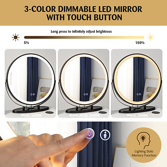 SUGIFT White Vanity Table Set with 3-Color Lighted Mirror, Wireless Charging and 3-Drawer Chest