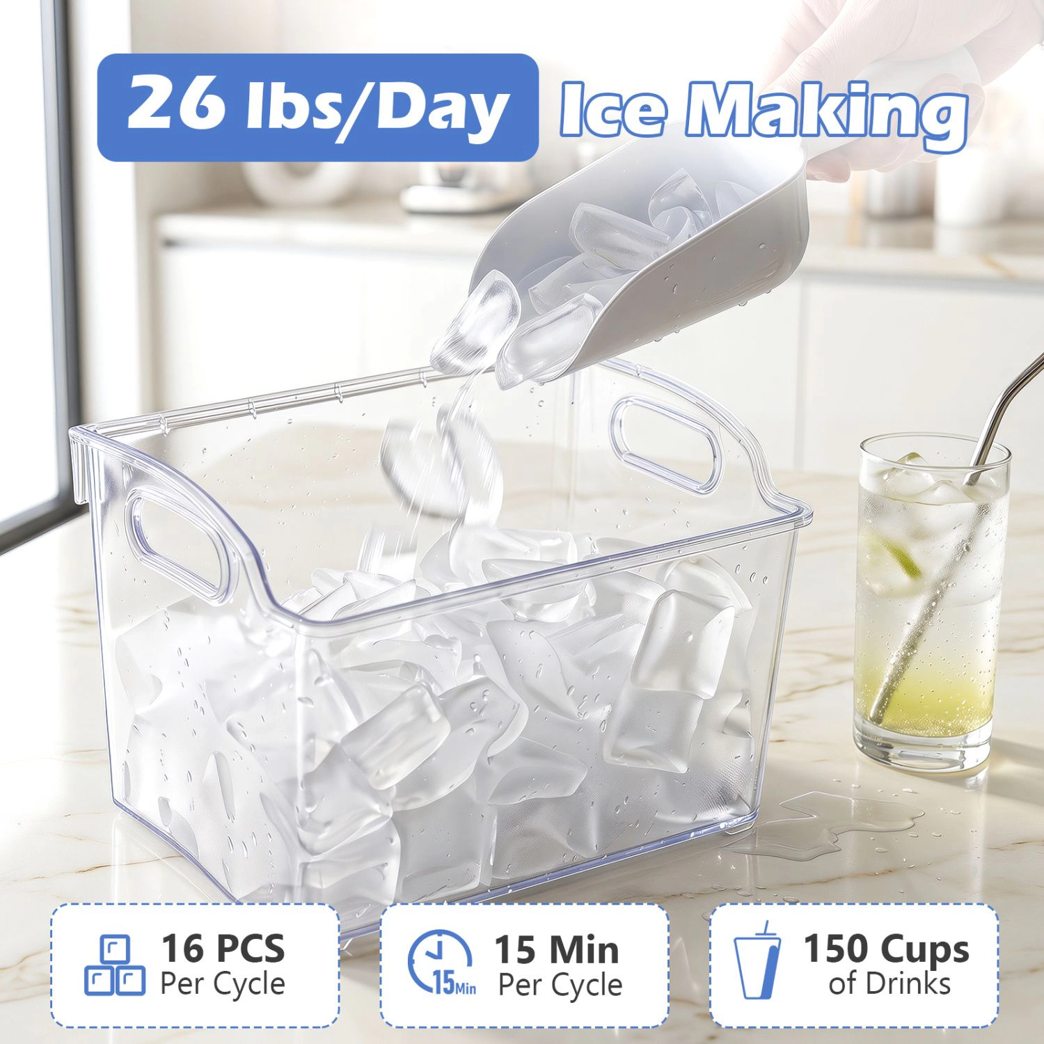 SlickBlue Grey Stainless Steel Ice Machine, 26 Lbs Daily, Crescent Ice